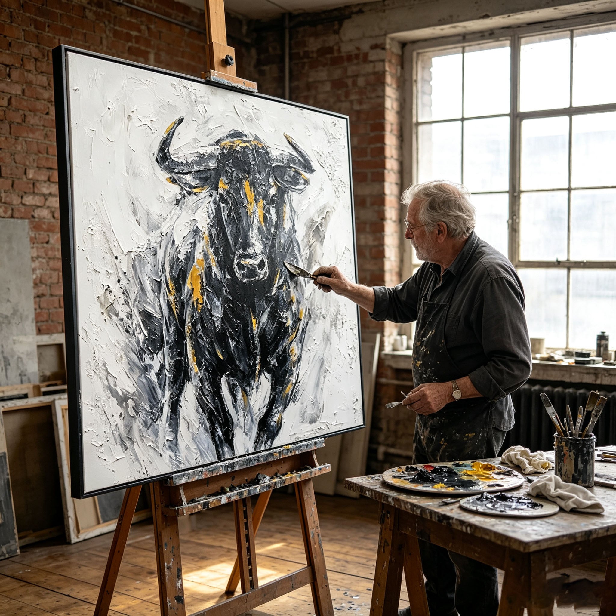 Abstract Bull Portrait Oil Painting, Black White Gold Thick Impasto Textured Canvas Wall Art, Modern Home Office Decor