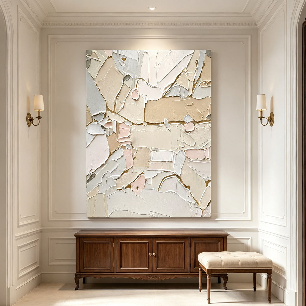 Neutral Abstract Wall Art, Beige Cream 3D Textured Canvas Painting, Minimalist Impasto Wall Art with Gold Accents, Modern Living Room Entryway Decor