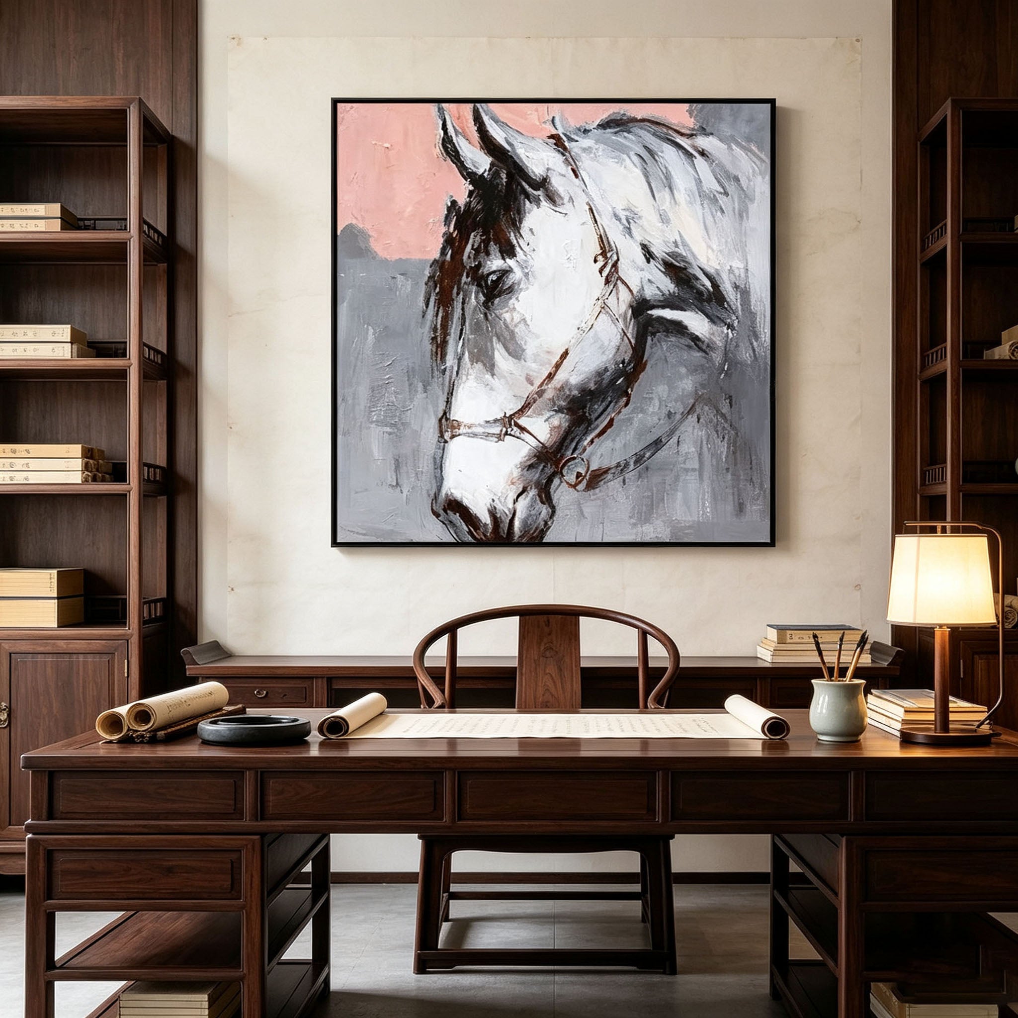 Hand Painted White Horse Portrait Oil Painting, Thick Impasto Textured Animal Canvas Wall Art, Modern Dining Room Home Decor