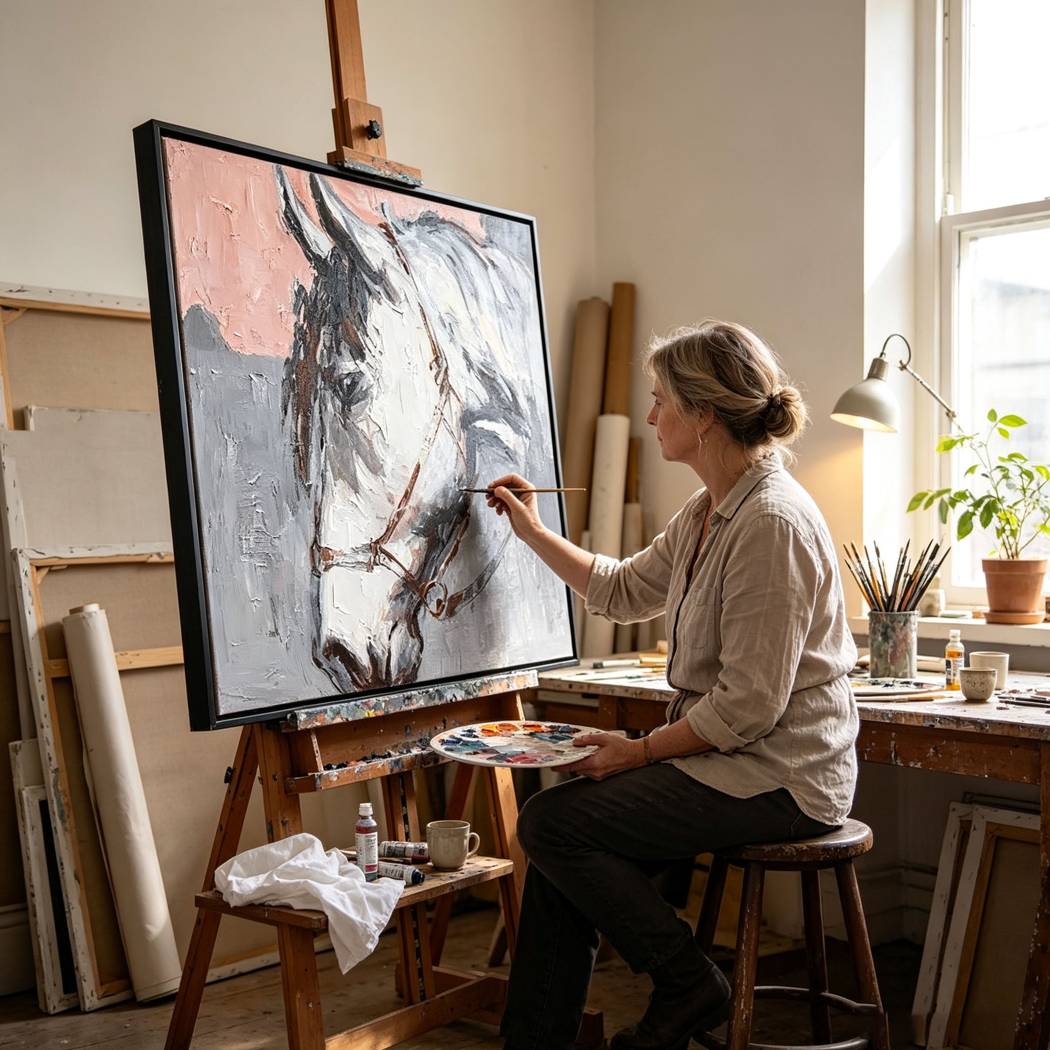 Hand Painted White Horse Portrait Oil Painting, Thick Impasto Textured Animal Canvas Wall Art, Modern Dining Room Home Decor