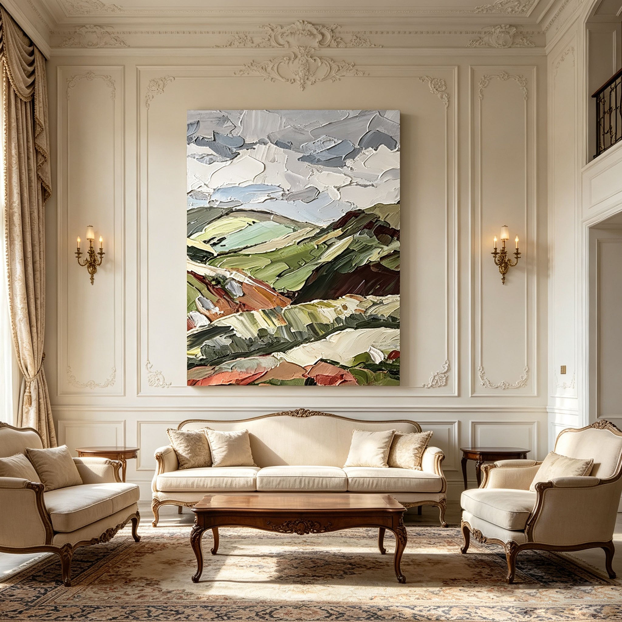 Abstract Landscape Wall Art, Green Olive Terracotta Impasto Oil Painting, Large Textured Countryside Canvas Art, Modern Living Room Wall Decor