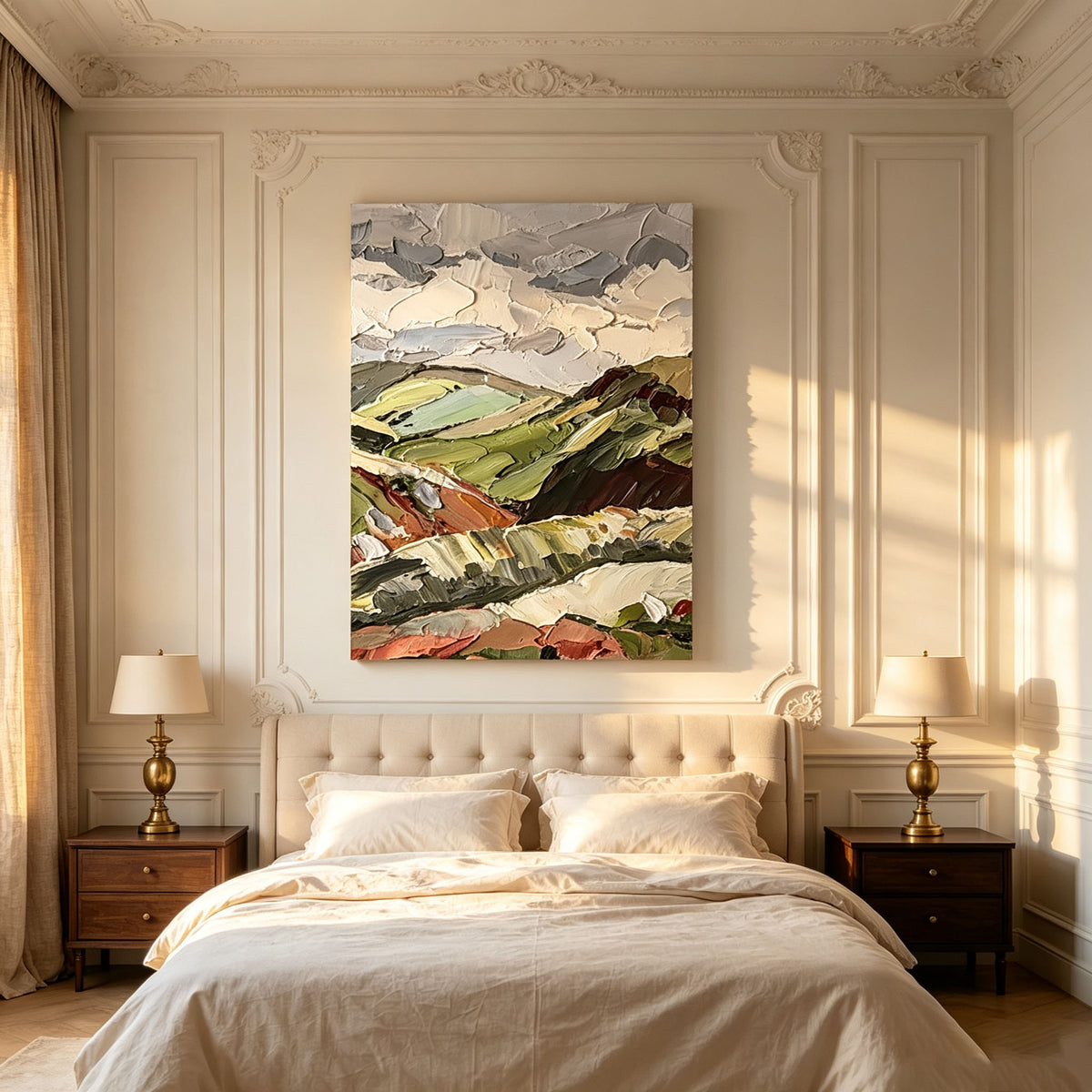 Abstract Landscape Wall Art, Green Olive Terracotta Impasto Oil Painting, Large Textured Countryside Canvas Art, Modern Living Room Wall Decor