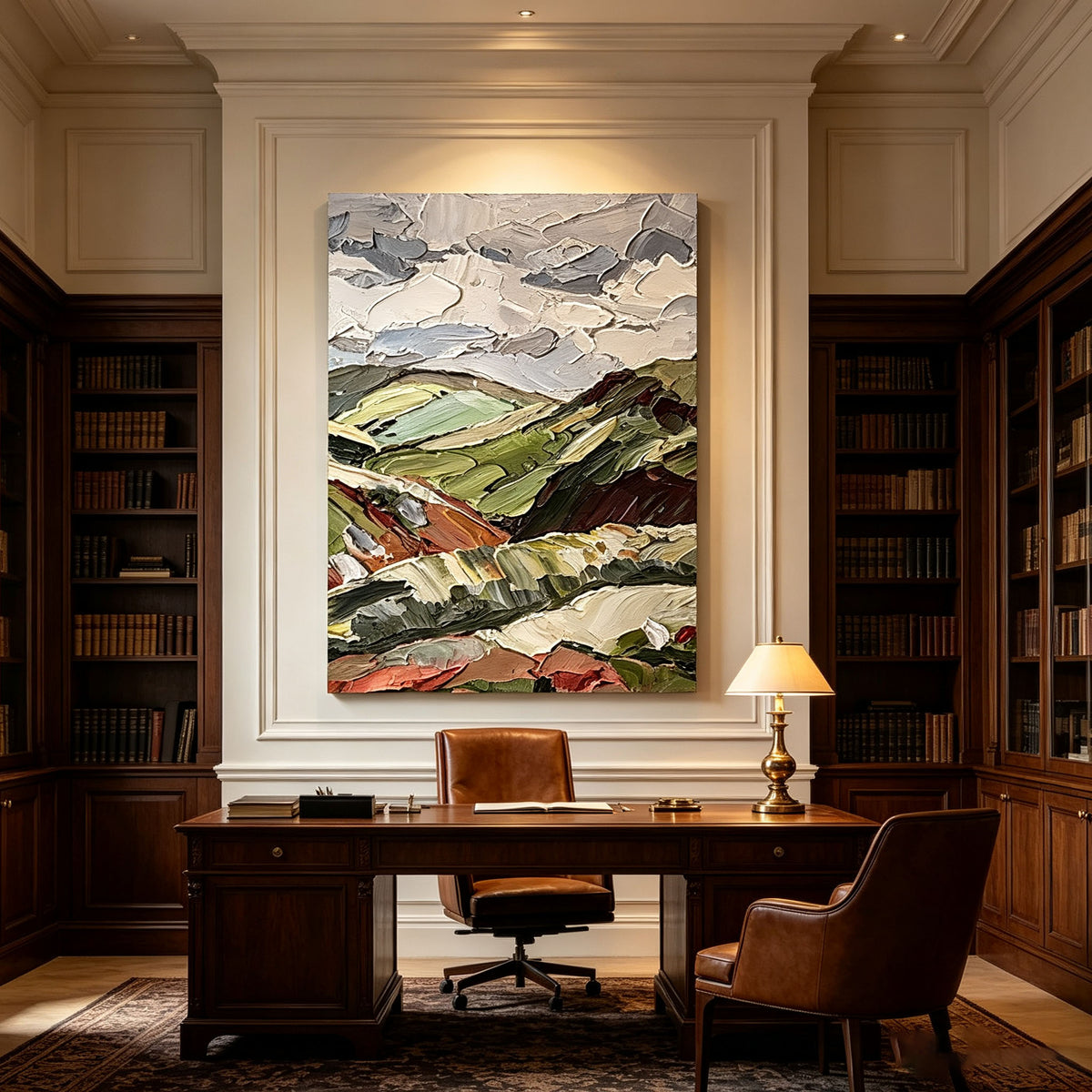 Abstract Landscape Wall Art, Green Olive Terracotta Impasto Oil Painting, Large Textured Countryside Canvas Art, Modern Living Room Wall Decor