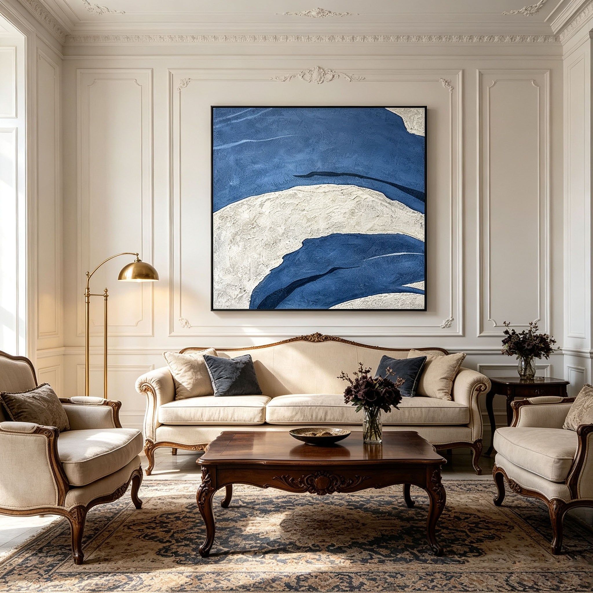 Blue White Abstract Textured Oil Painting, Thick Impasto Minimalist Wave Canvas Wall Art, Modern Office Living Room Decor