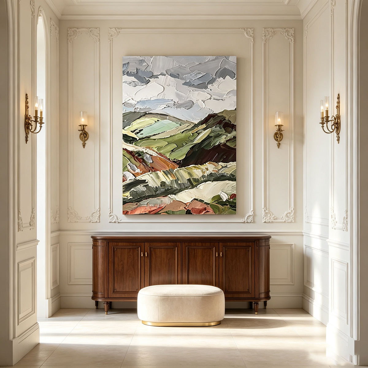 Abstract Landscape Wall Art, Green Olive Terracotta Impasto Oil Painting, Large Textured Countryside Canvas Art, Modern Living Room Wall Decor