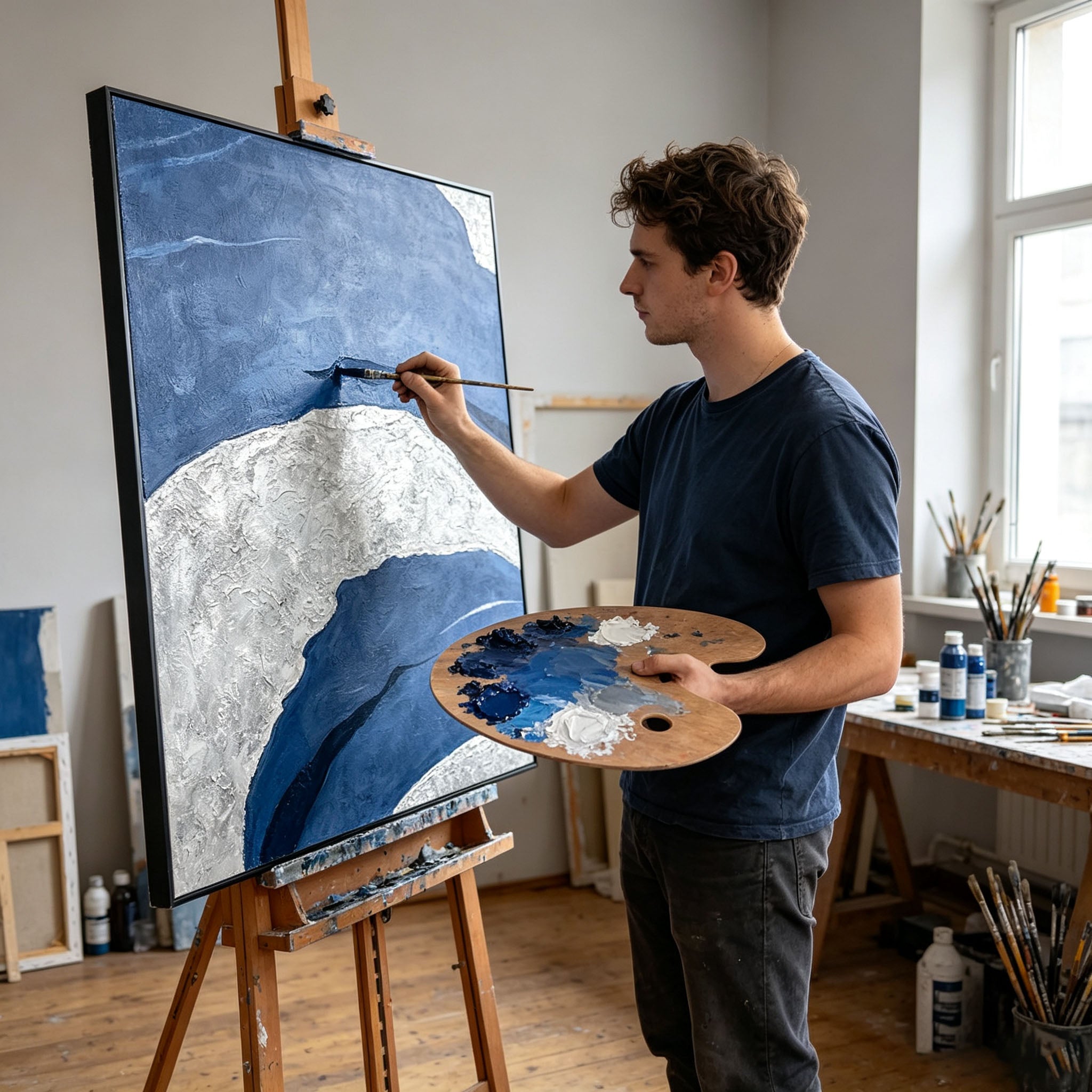 Blue White Abstract Textured Oil Painting, Thick Impasto Minimalist Wave Canvas Wall Art, Modern Office Living Room Decor