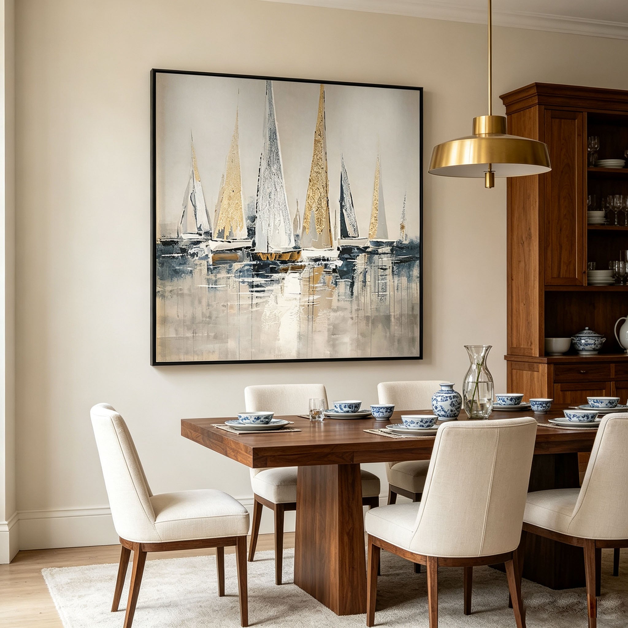 Abstract Sailboat Harbor Oil Painting, Gold Foil Thick Impasto Textured Seascape Canvas Wall Art, Modern Living Room Office Decor