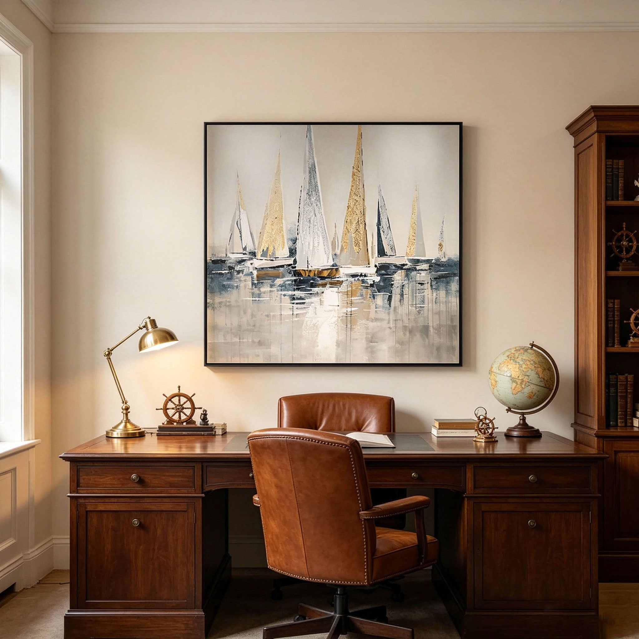 Abstract Sailboat Harbor Oil Painting, Gold Foil Thick Impasto Textured Seascape Canvas Wall Art, Modern Living Room Office Decor