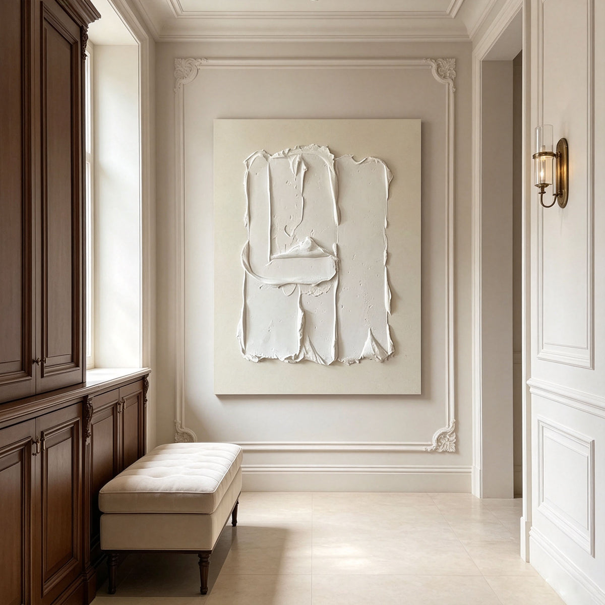 White 3D Textured Wall Art, Minimalist Monochrome Abstract Canvas Painting, Cream White Plaster Sculptural Wall Art, Modern Bedroom Living Room Decor