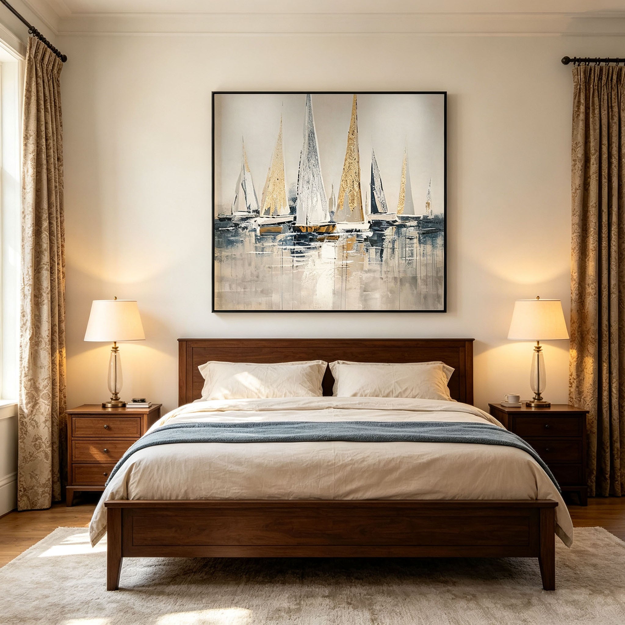 Abstract Sailboat Harbor Oil Painting, Gold Foil Thick Impasto Textured Seascape Canvas Wall Art, Modern Living Room Office Decor