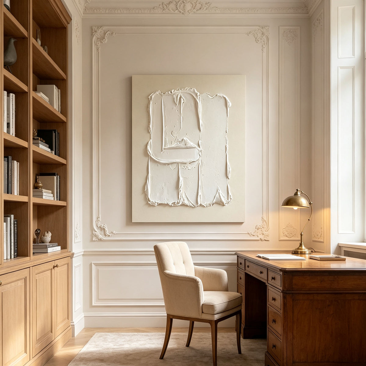 White 3D Textured Wall Art, Minimalist Monochrome Abstract Canvas Painting, Cream White Plaster Sculptural Wall Art, Modern Bedroom Living Room Decor
