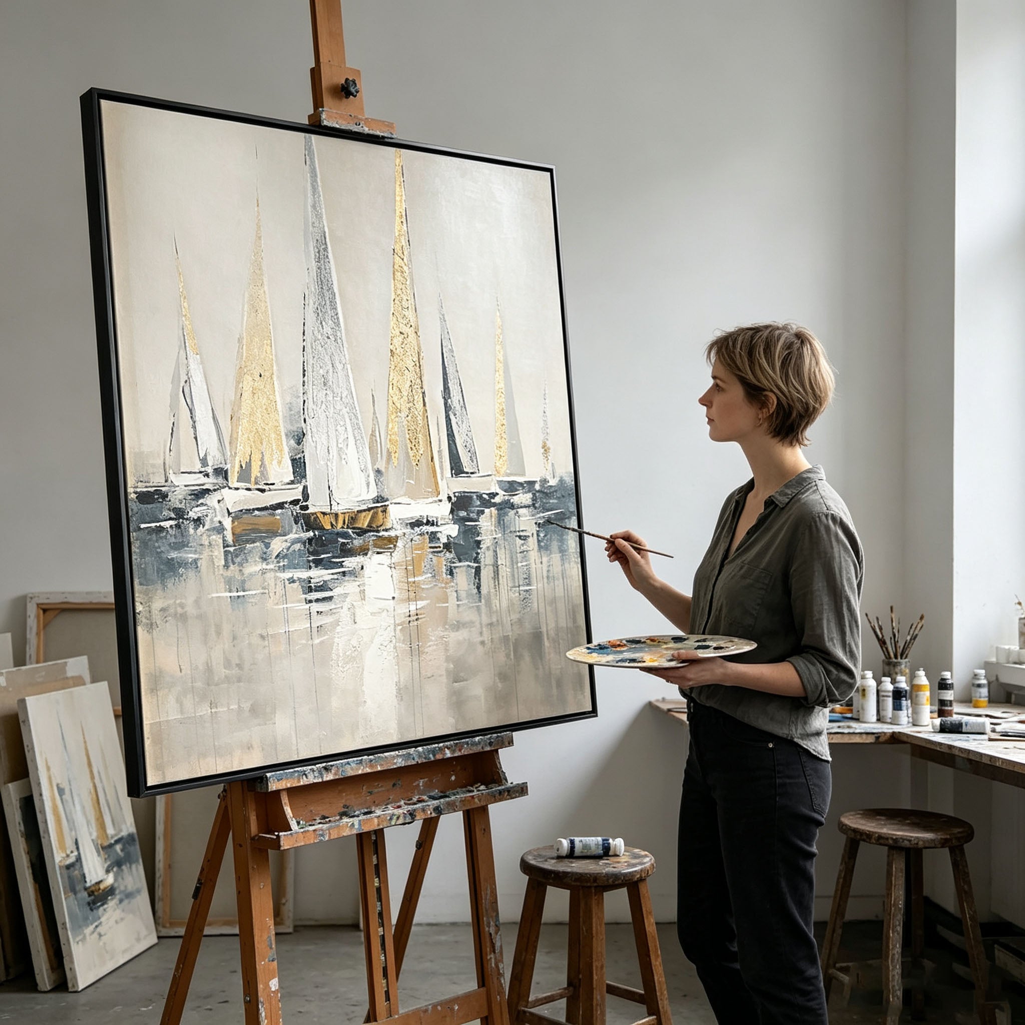 Abstract Sailboat Harbor Oil Painting, Gold Foil Thick Impasto Textured Seascape Canvas Wall Art, Modern Living Room Office Decor