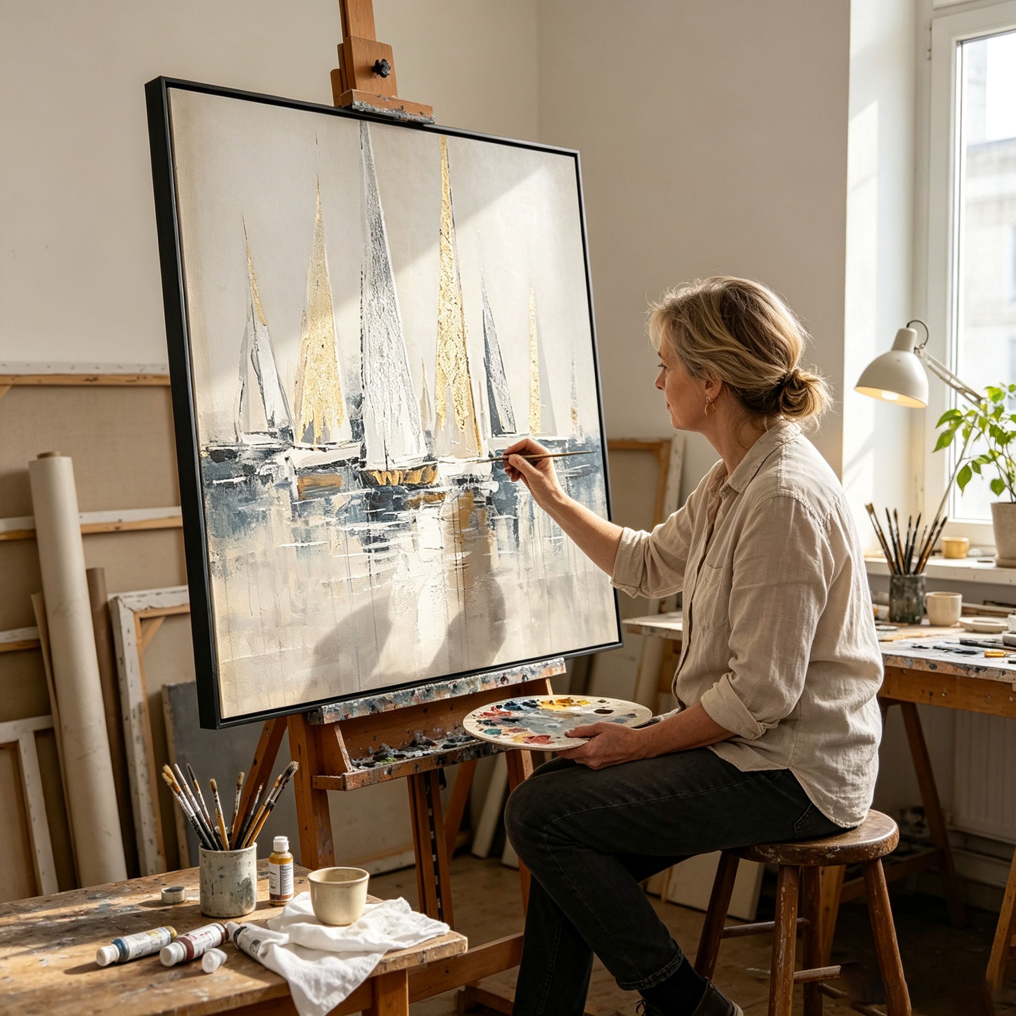 Abstract Sailboat Harbor Oil Painting, Gold Foil Thick Impasto Textured Seascape Canvas Wall Art, Modern Living Room Office Decor