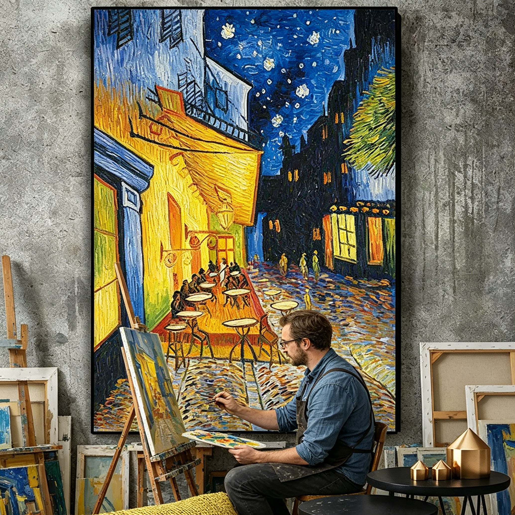 Hand‑Painted European Night Street Scene Oil Painting | Vintage Cobblestone Terrace Wall Art