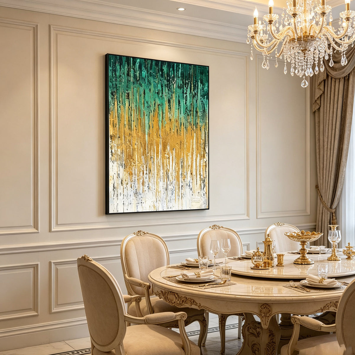 Green Gold Abstract Wall Art, Vertical Striped Texture Oil Painting, Dark Green White Luxury Canvas, Modern Dining Room Wall Decor