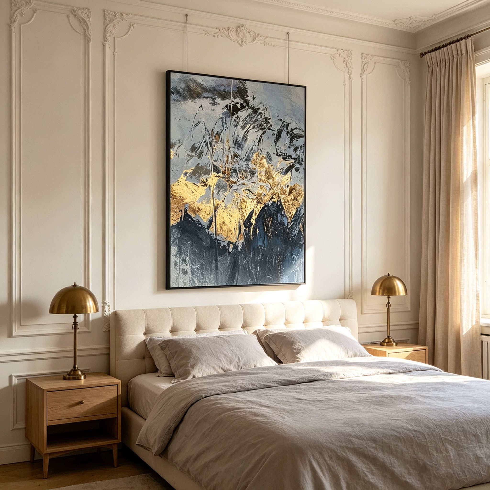 Navy Blue and Gold Abstract Wall Art, Gold Leaf Mountain Landscape Painting, Large Textured Canvas Art, Luxury Modern Bedroom Living Room Decor