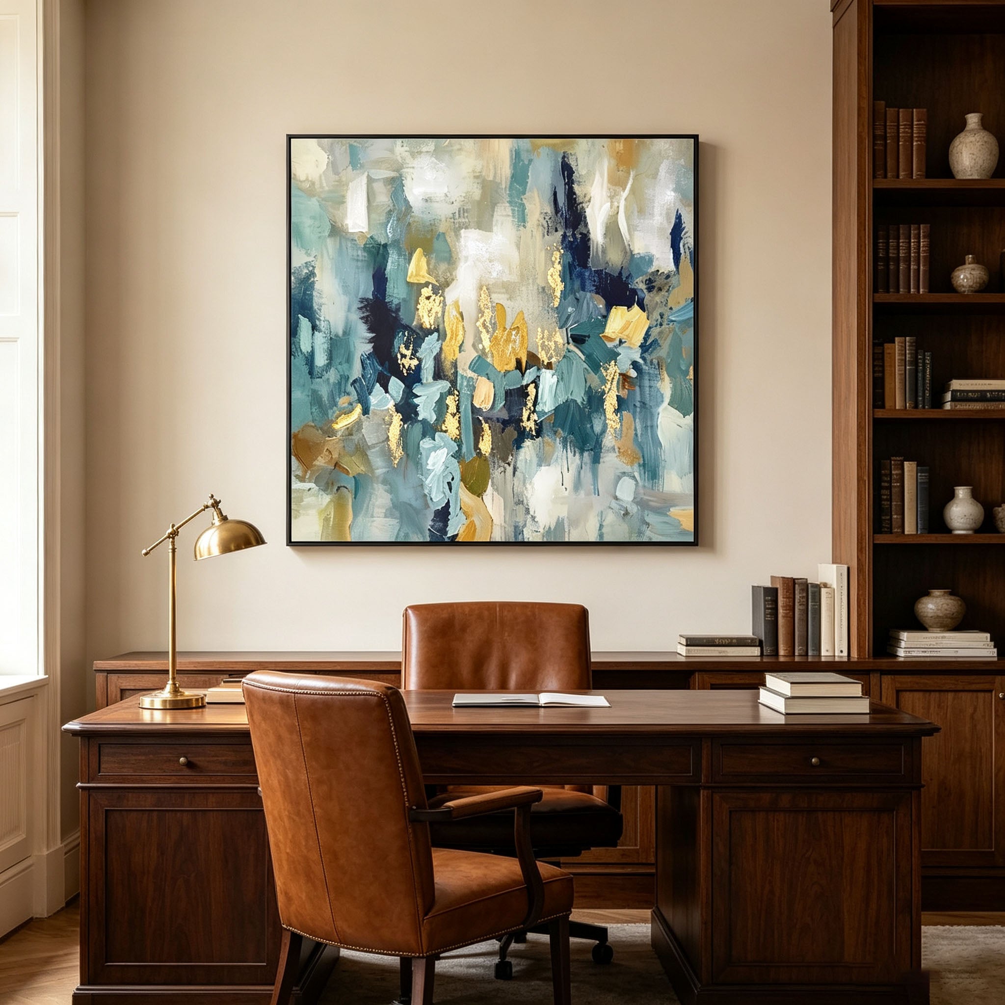 Teal Blue Gold Abstract Oil Painting, Thick Impasto Textured Canvas Wall Art, Modern Dining Room Living Room Decor
