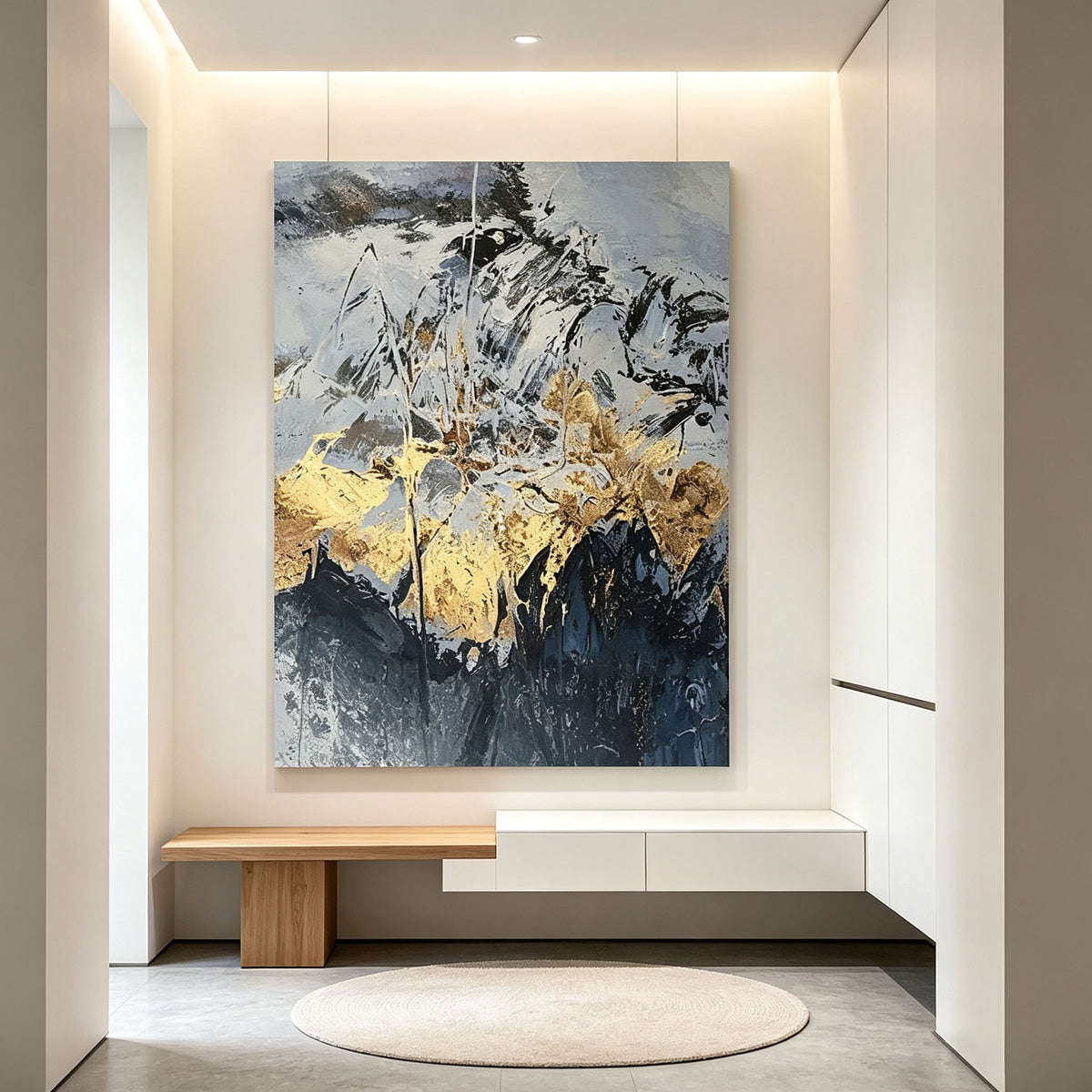 Navy Blue and Gold Abstract Wall Art, Gold Leaf Mountain Landscape Painting, Large Textured Canvas Art, Luxury Modern Bedroom Living Room Decor