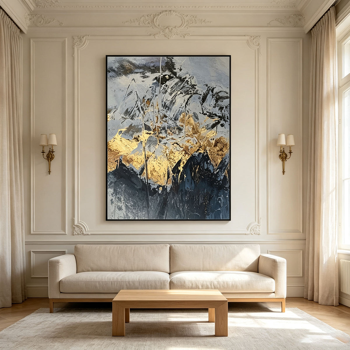Navy Blue and Gold Abstract Wall Art, Gold Leaf Mountain Landscape Painting, Large Textured Canvas Art, Luxury Modern Bedroom Living Room Decor