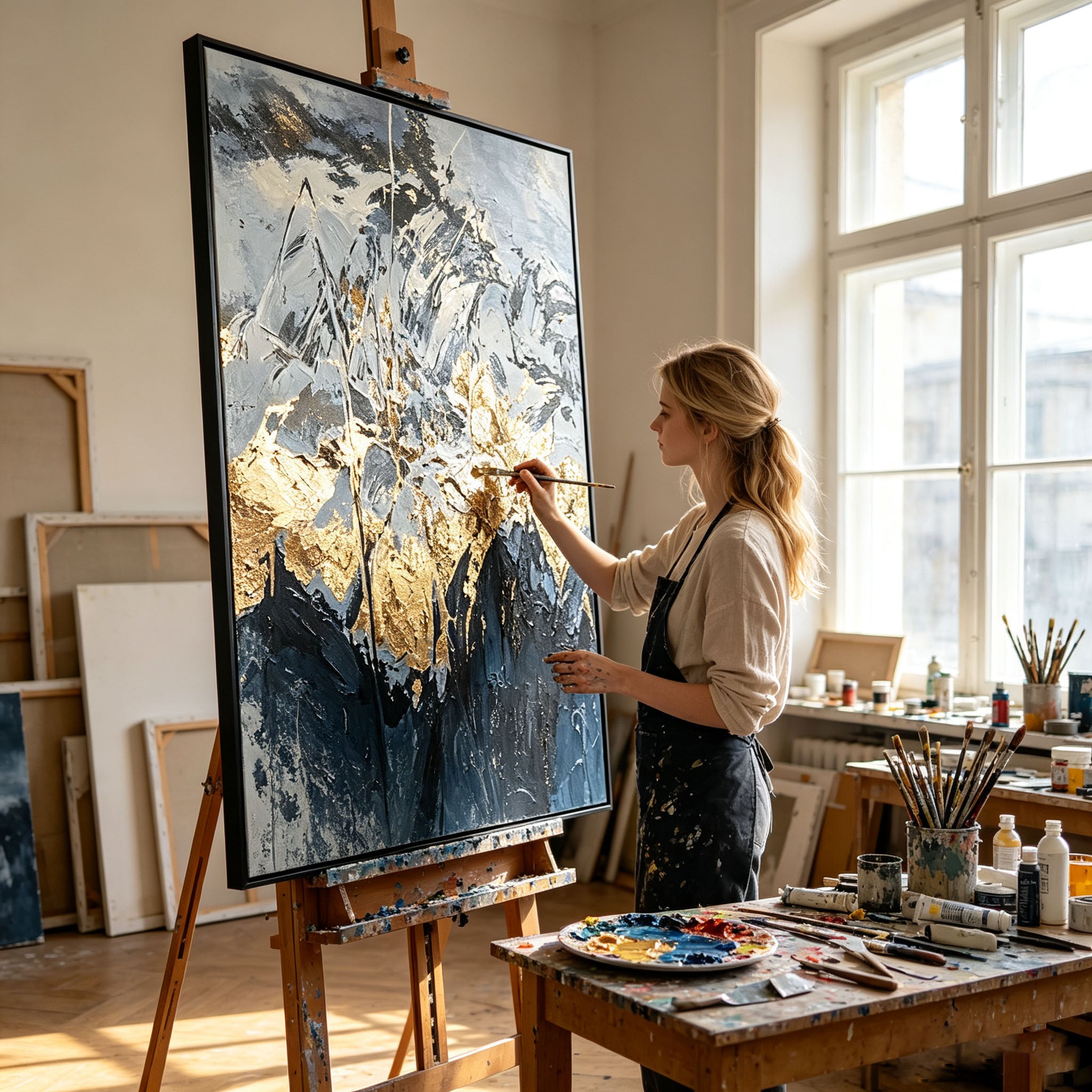 Navy Blue and Gold Abstract Wall Art, Gold Leaf Mountain Landscape Painting, Large Textured Canvas Art, Luxury Modern Bedroom Living Room Decor