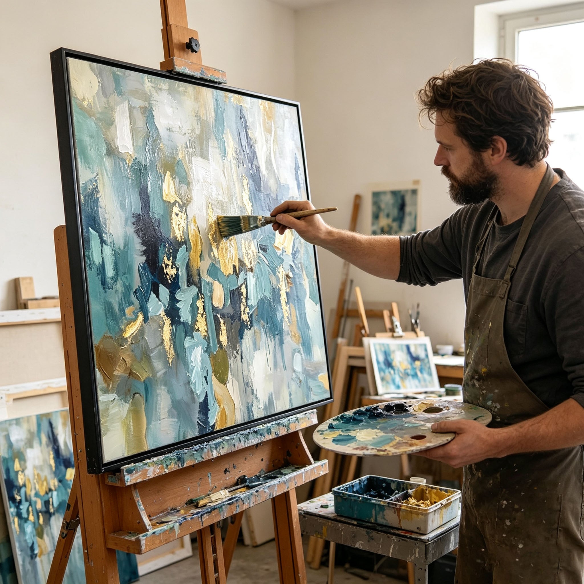 Teal Blue Gold Abstract Oil Painting, Thick Impasto Textured Canvas Wall Art, Modern Dining Room Living Room Decor