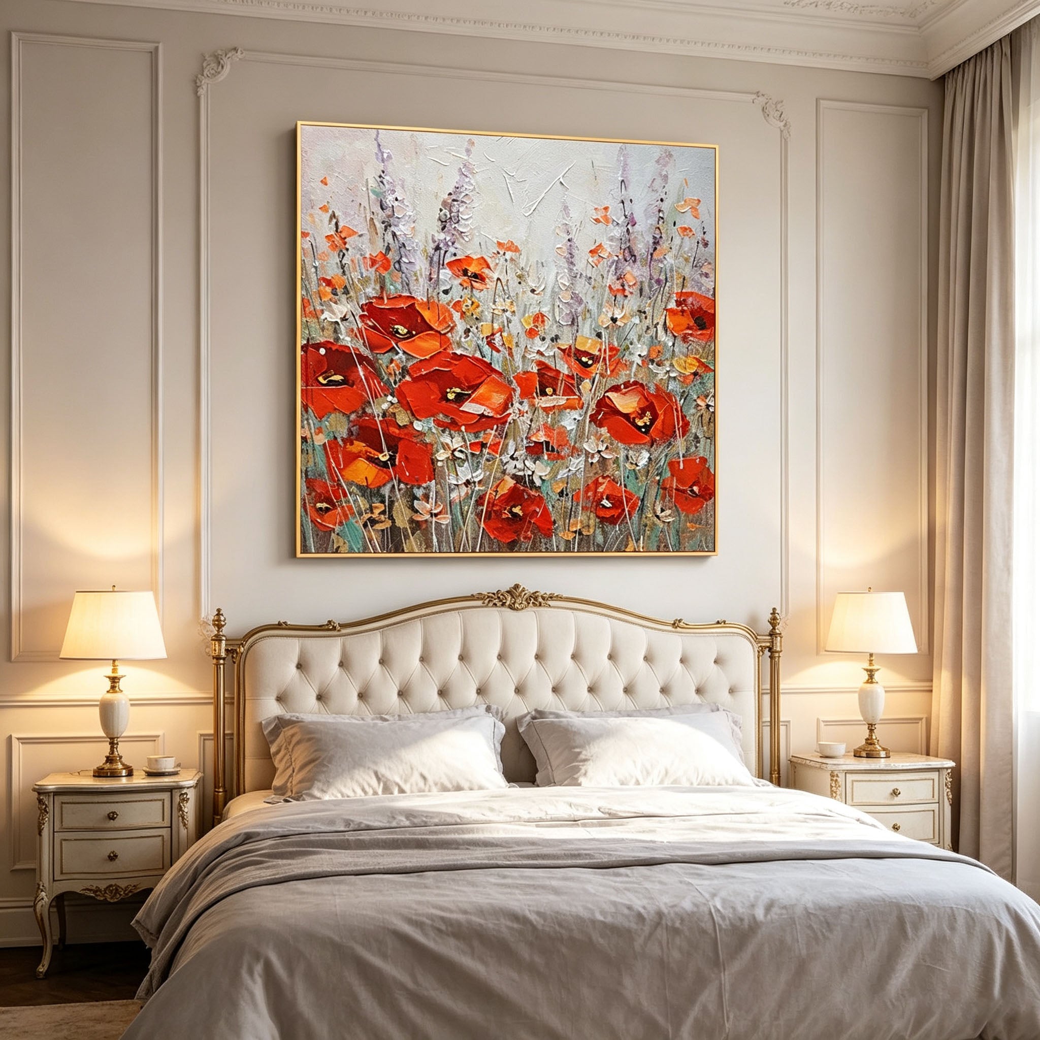 Thick Impasto Red Poppy Wildflower Oil Painting, Textured Palette Knife Floral Canvas Wall Art, Vintage Garden Botanical Decor