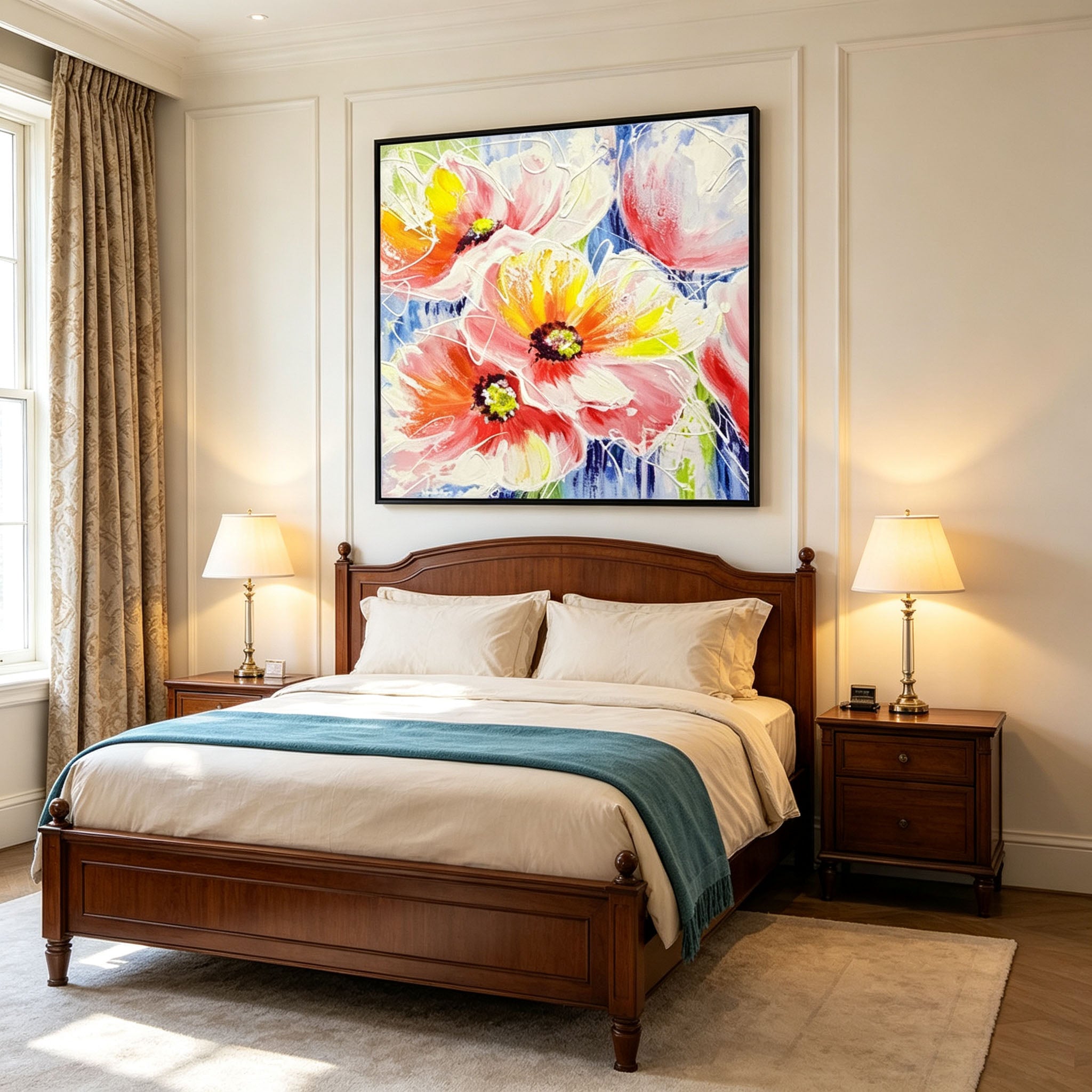 Colorful Poppy Flower Oil Painting, Thick Impasto Textured Floral Canvas Wall Art, Modern Home Office Decor