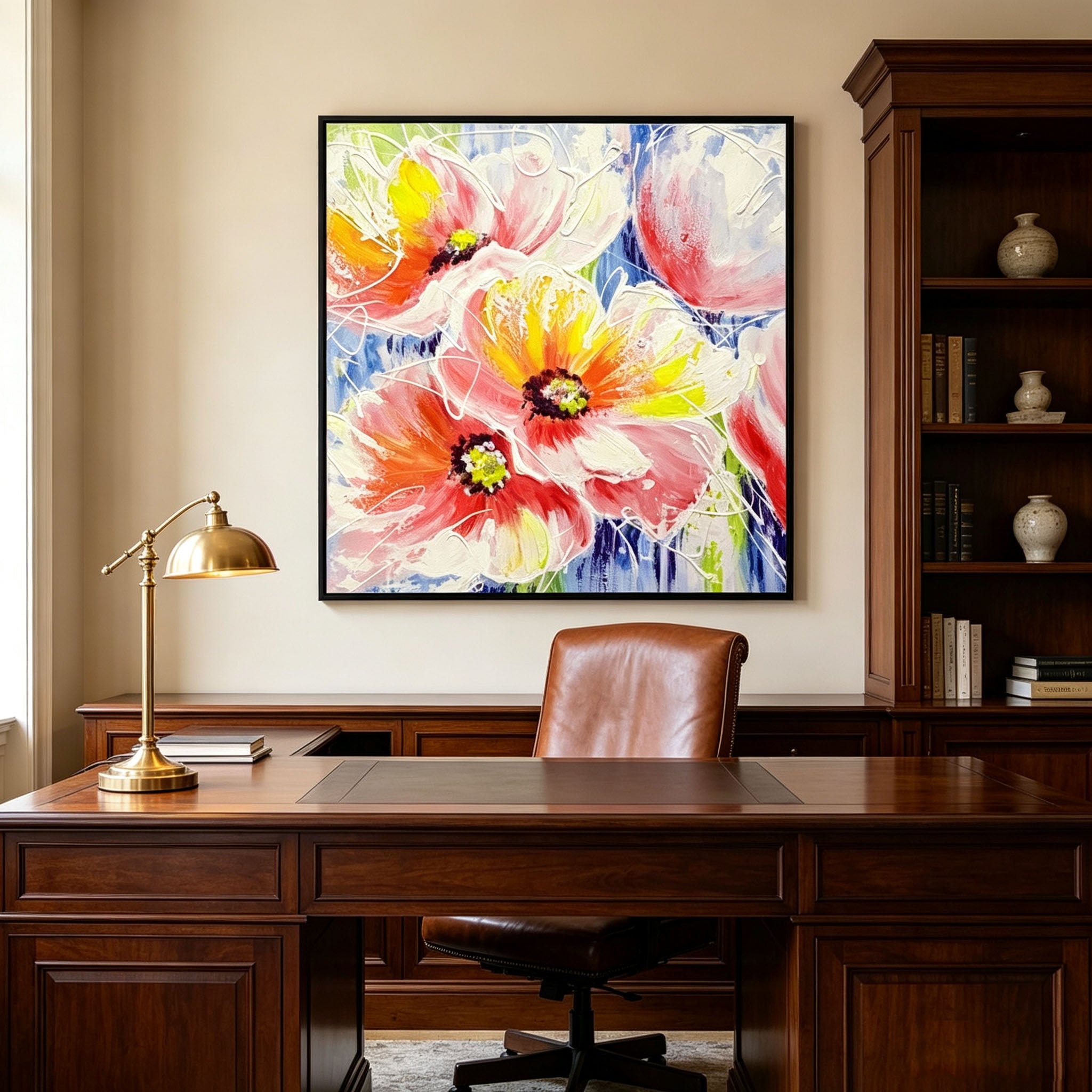 Colorful Poppy Flower Oil Painting, Thick Impasto Textured Floral Canvas Wall Art, Modern Home Office Decor