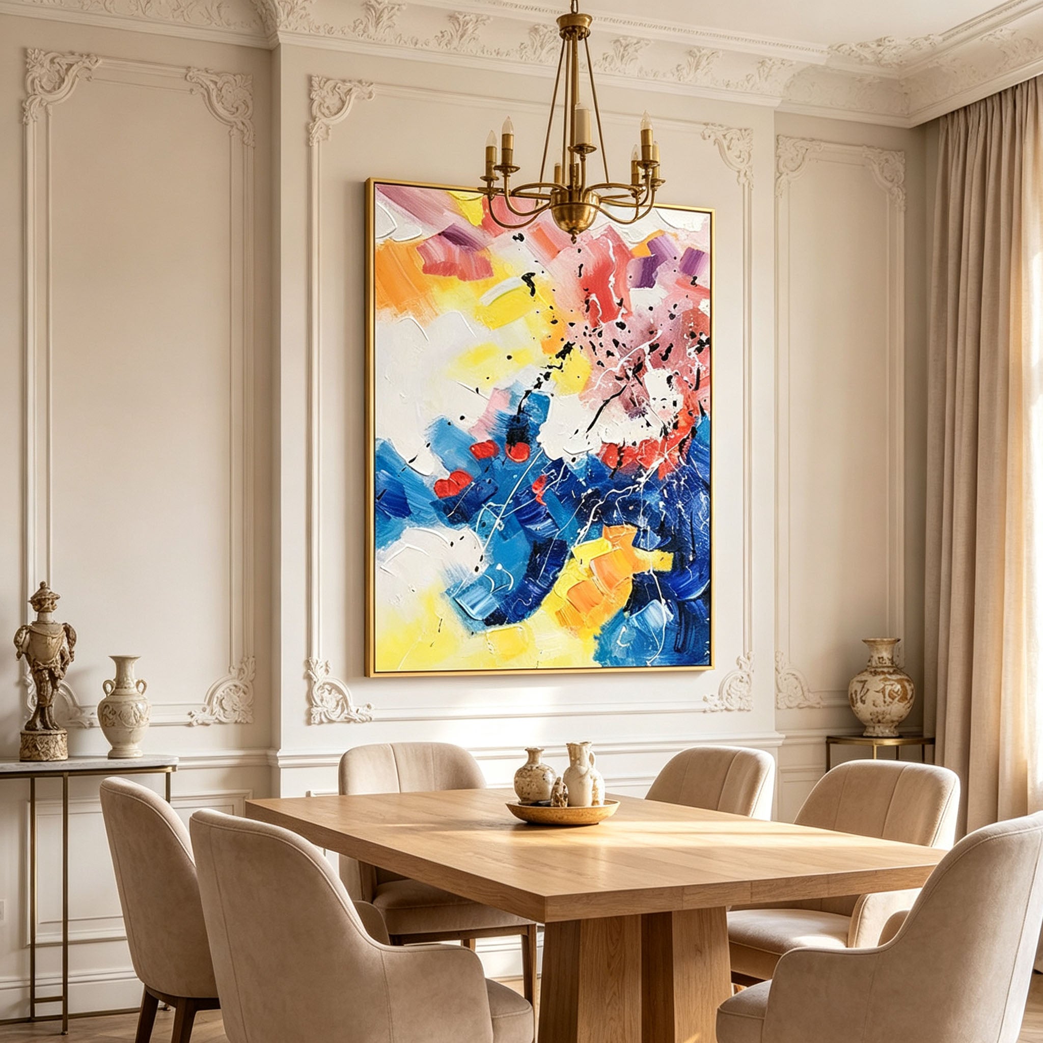 Colorful Abstract Wall Art, Vibrant Blue Pink Yellow Impasto Oil Painting, Large Textured Splatter Canvas Art, Modern Living Room Entryway Decor