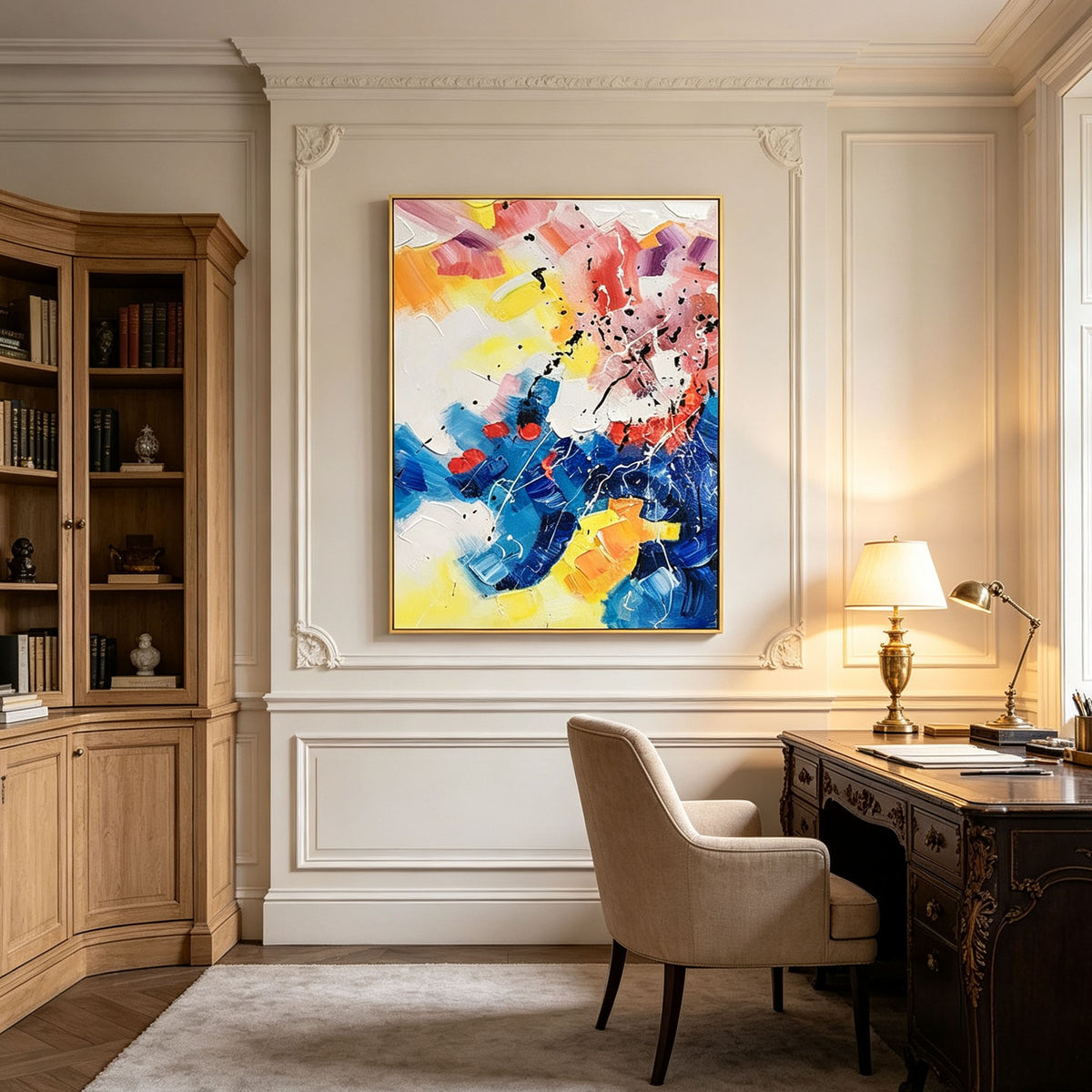 Colorful Abstract Wall Art, Vibrant Blue Pink Yellow Impasto Oil Painting, Large Textured Splatter Canvas Art, Modern Living Room Entryway Decor