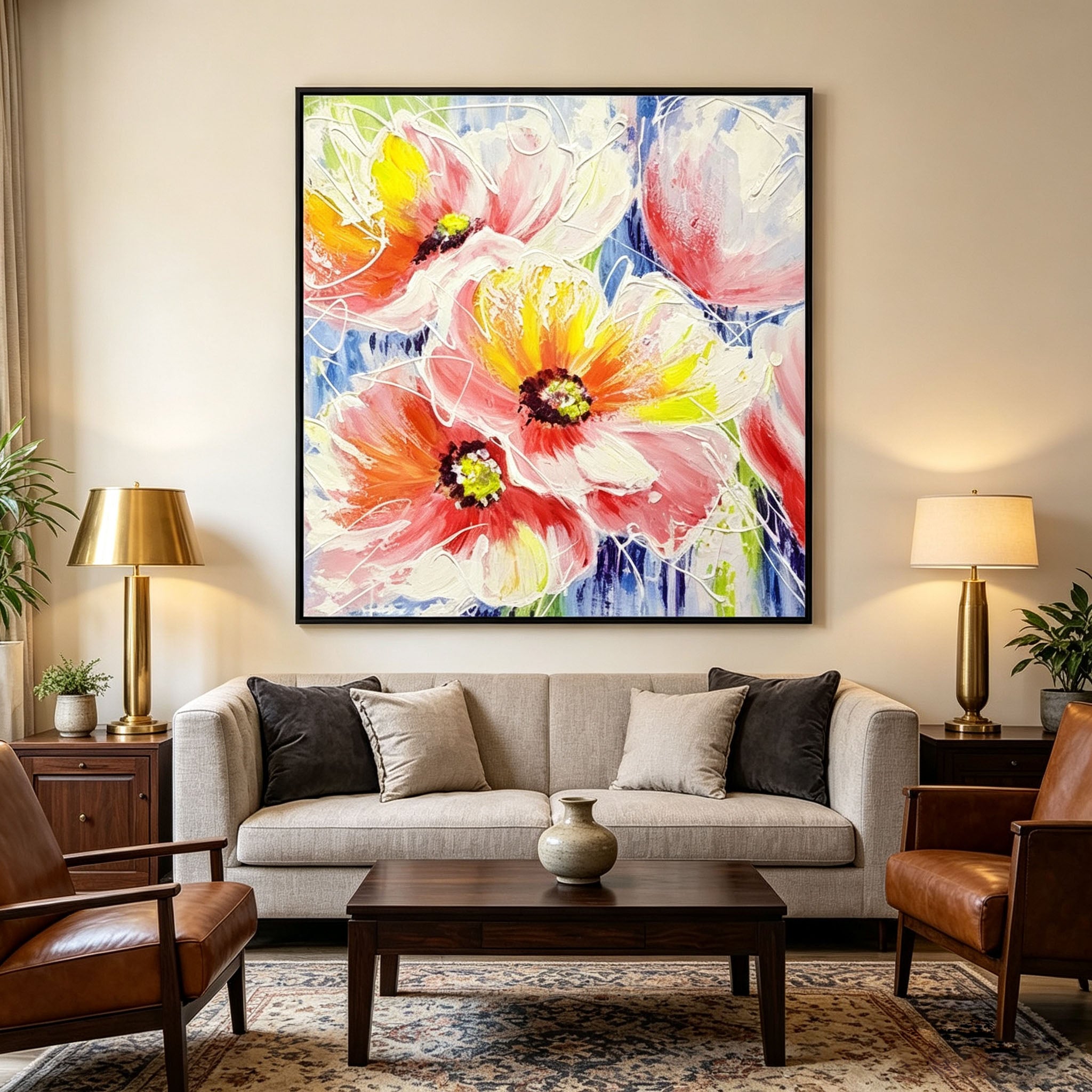 Colorful Poppy Flower Oil Painting, Thick Impasto Textured Floral Canvas Wall Art, Modern Home Office Decor