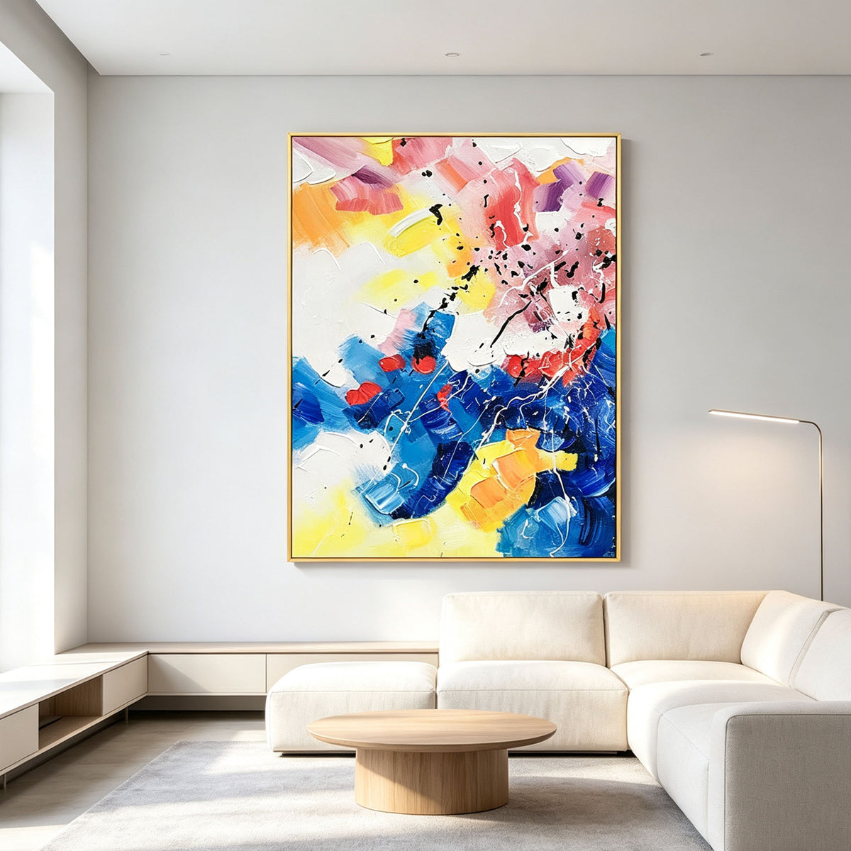 Colorful Abstract Wall Art, Vibrant Blue Pink Yellow Impasto Oil Painting, Large Textured Splatter Canvas Art, Modern Living Room Entryway Decor