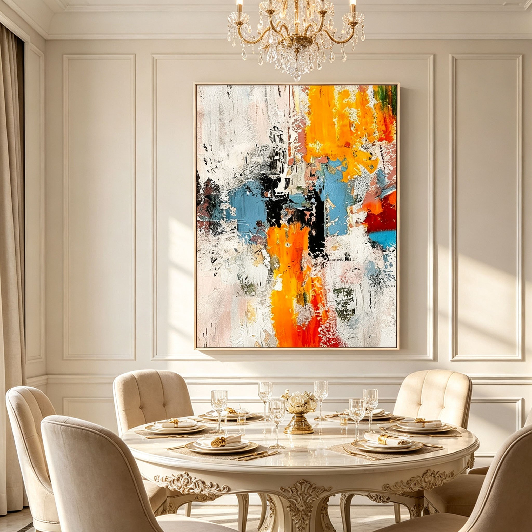Large Abstract Oil Painting Canvas Wall Art | Bold Orange Blue Textured Artwork for Modern Living Room Decor