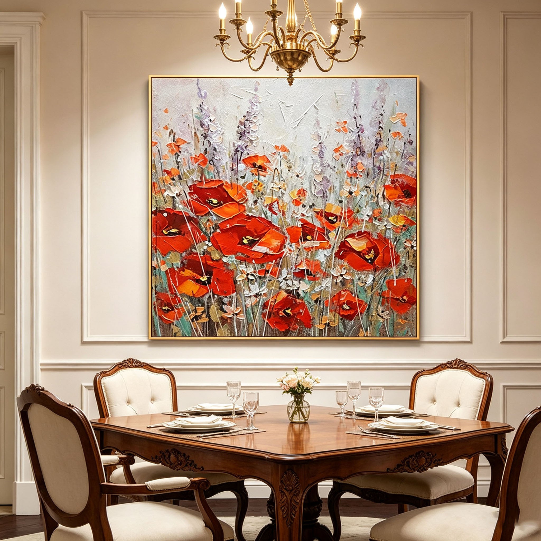 Thick Impasto Red Poppy Wildflower Oil Painting, Textured Palette Knife Floral Canvas Wall Art, Vintage Garden Botanical Decor