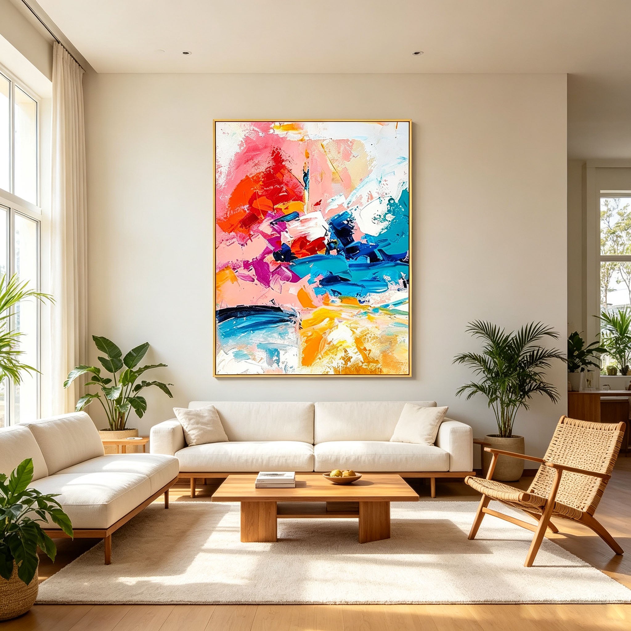 Pink Teal & Gold Abstract Painting — Vibrant Textured Canvas Wall Art