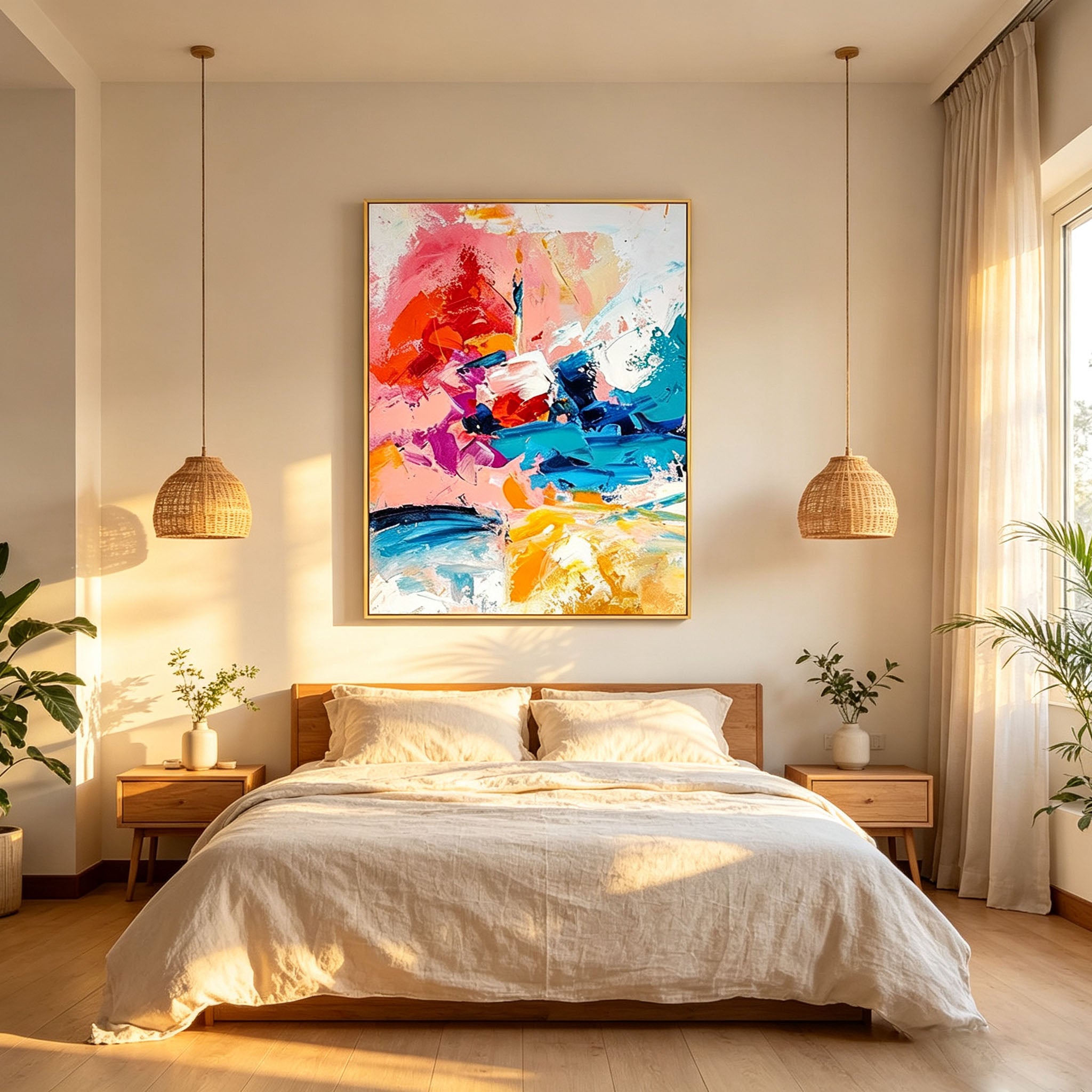 Pink Teal & Gold Abstract Painting — Vibrant Textured Canvas Wall Art
