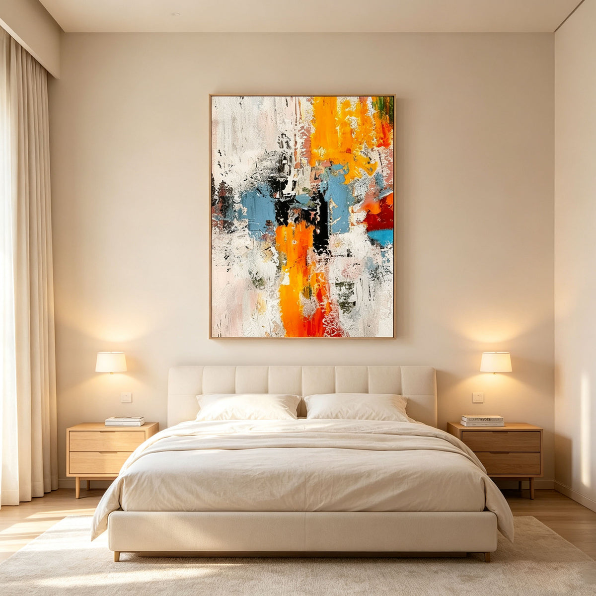 Large Abstract Oil Painting Canvas Wall Art | Bold Orange Blue Textured Artwork for Modern Living Room Decor