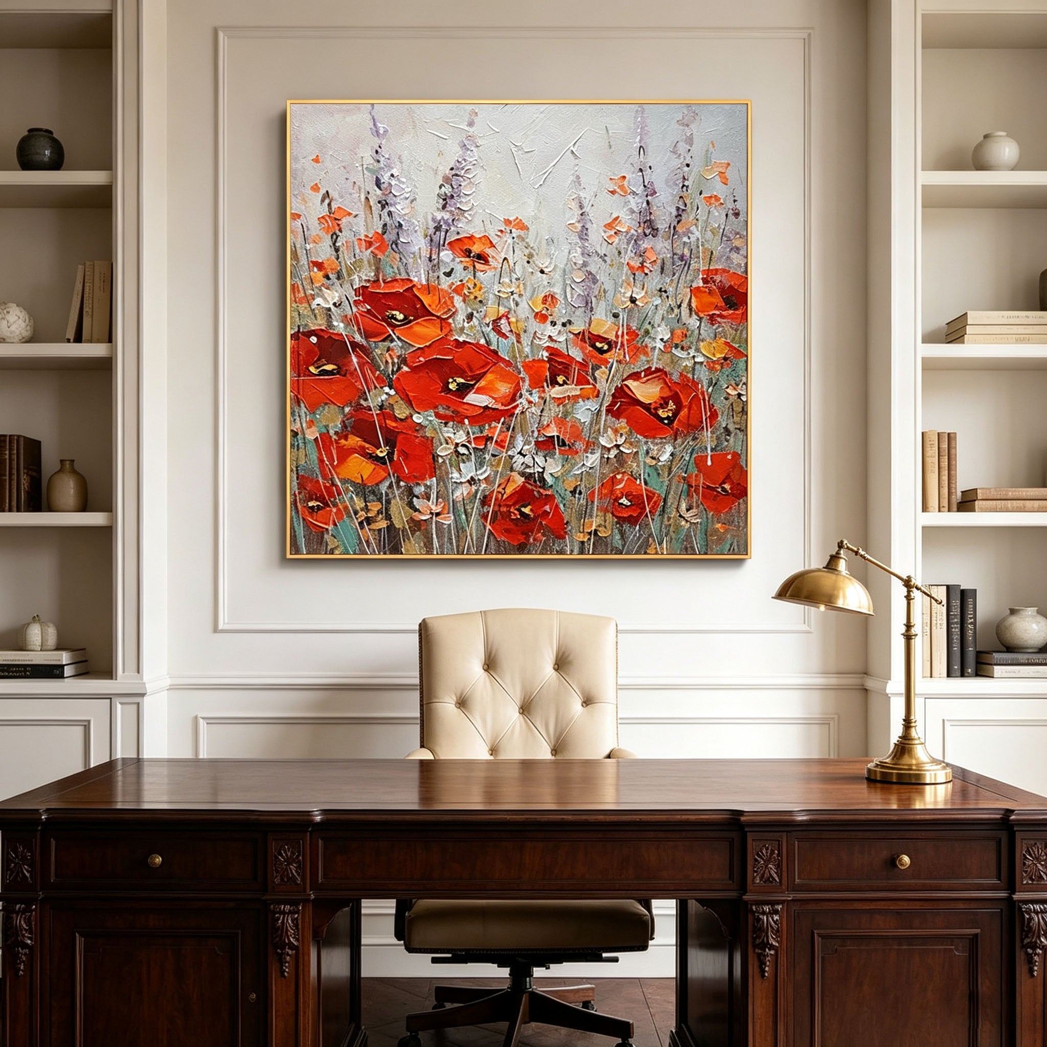 Thick Impasto Red Poppy Wildflower Oil Painting, Textured Palette Knife Floral Canvas Wall Art, Vintage Garden Botanical Decor