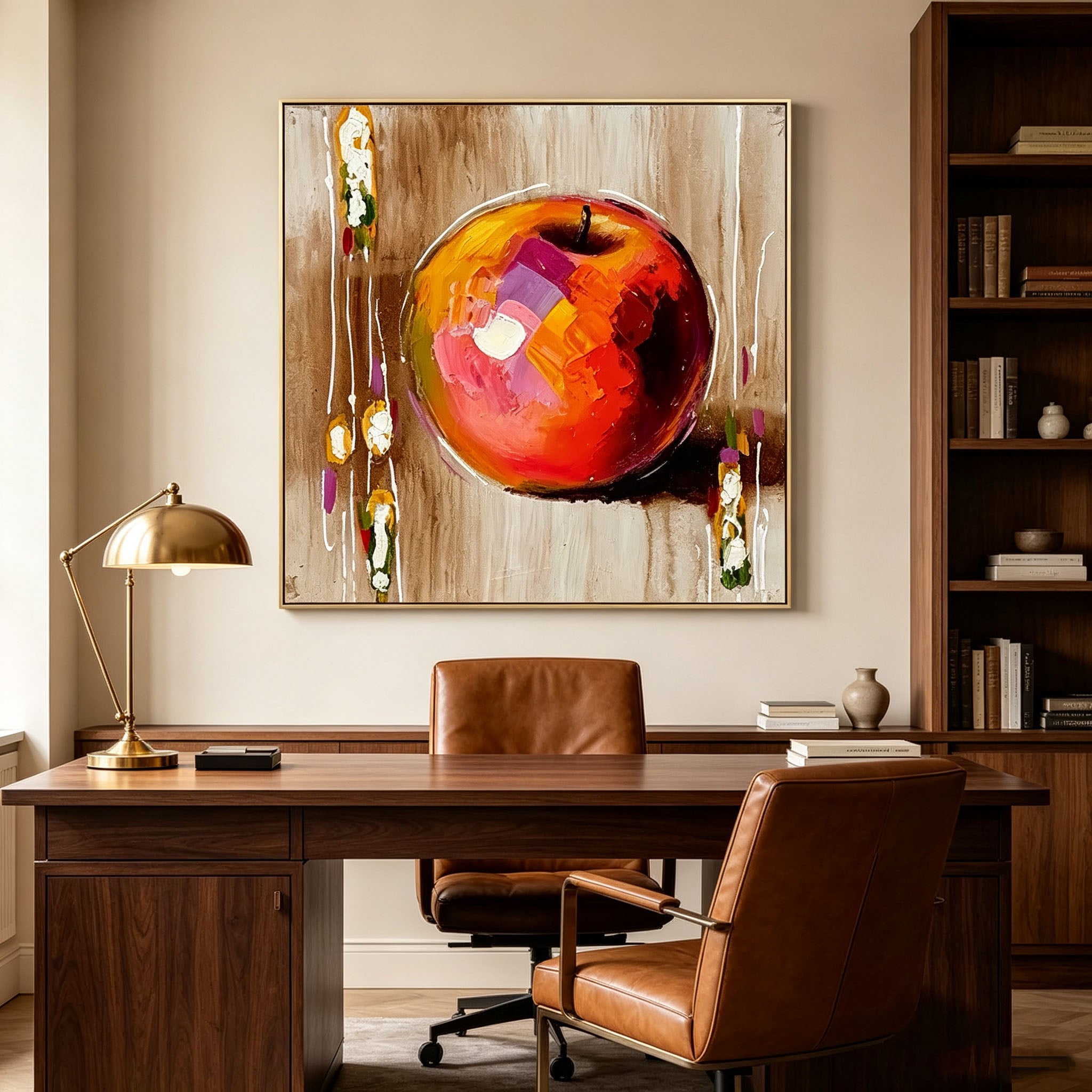 Hand Painted Red Apple Still Life Oil Painting, Thick Impasto Textured Fruit Canvas Wall Art, Modern Dining Room Kitchen Decor