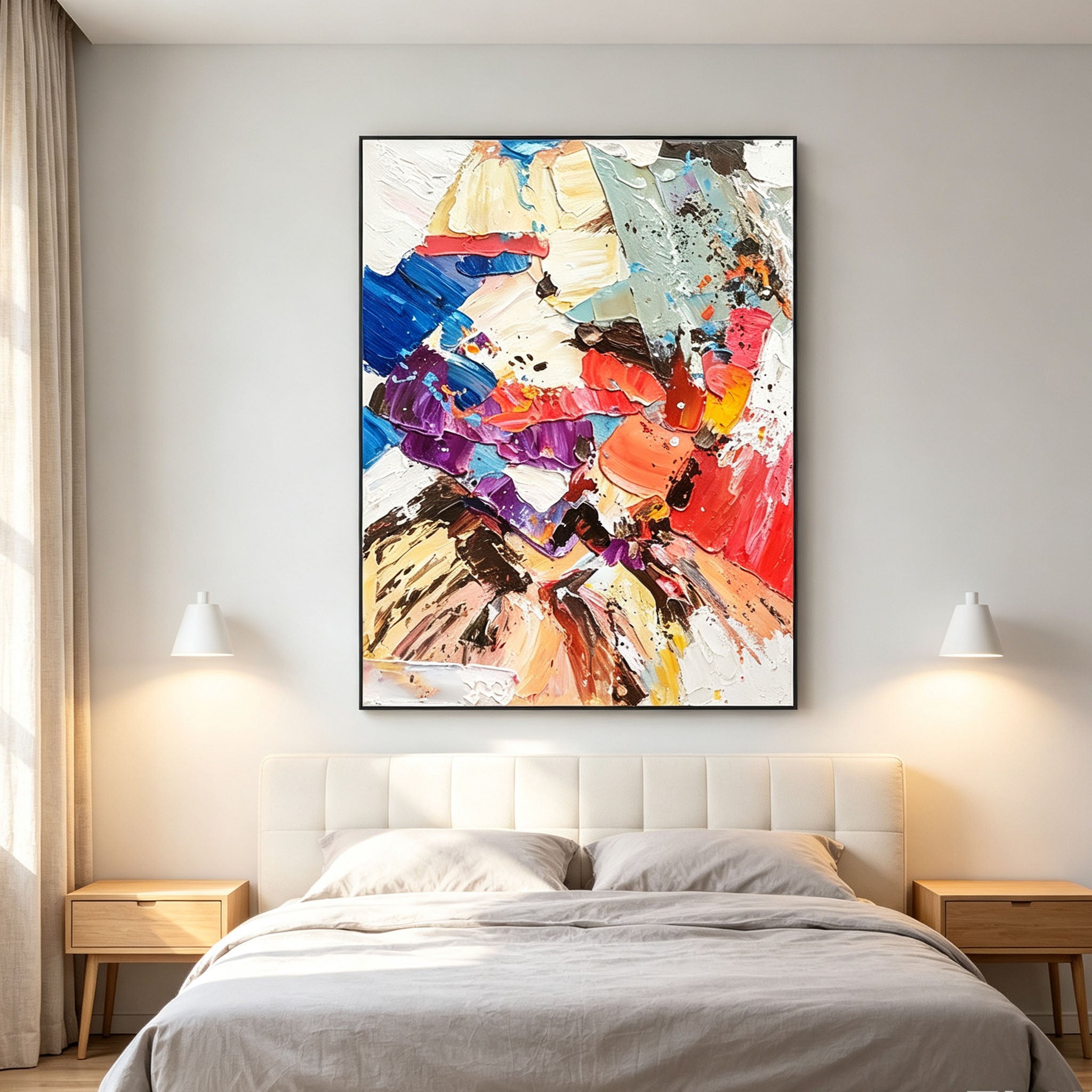 Bold Abstract Portrait Wall Art, Blue Purple Red Orange Impasto Oil Painting, Large Textured Face Canvas Art, Modern Entryway Living Room Wall Decor