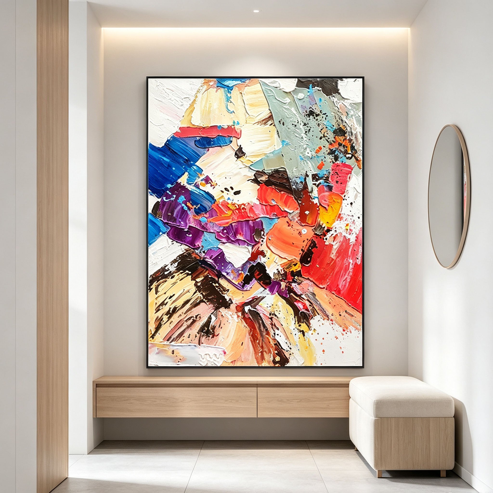 Bold Abstract Portrait Wall Art, Blue Purple Red Orange Impasto Oil Painting, Large Textured Face Canvas Art, Modern Entryway Living Room Wall Decor