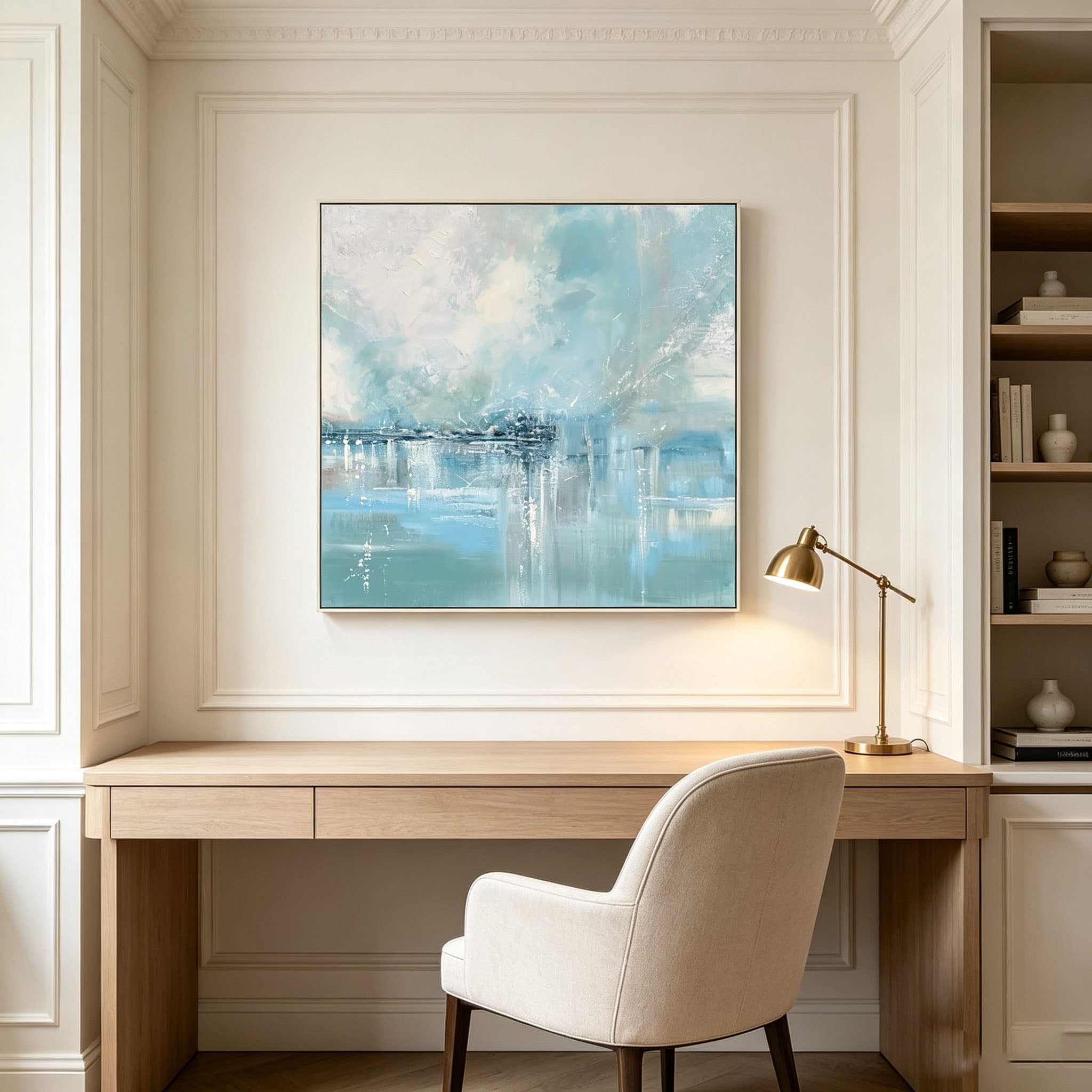 Light Blue Abstract City Seascape Oil Painting, Thick Impasto Textured Water Reflection Canvas Wall Art, Modern Entryway Living Room Decor