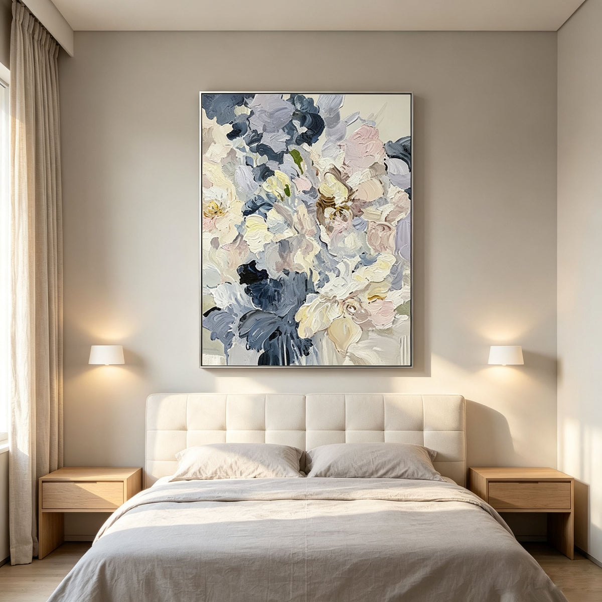 Muted Floral Wall Art, Dusty Blue Blush Pink Cream Flower Painting, Large Textured Impasto Canvas, Modern Farmhouse Bedroom Wall Decor