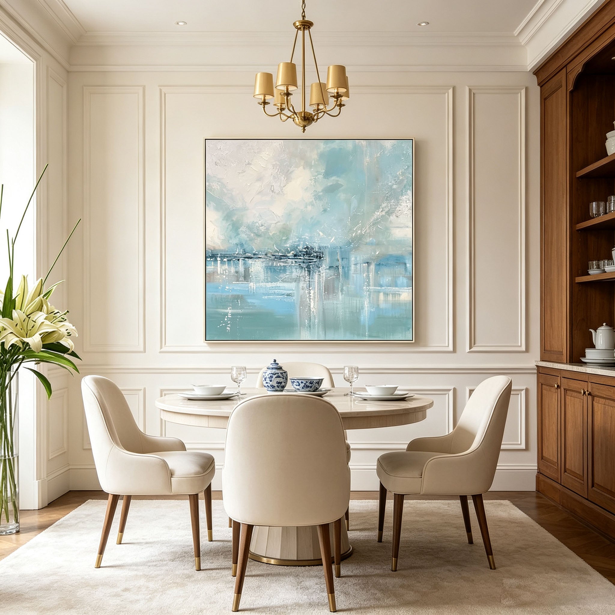 Light Blue Abstract City Seascape Oil Painting, Thick Impasto Textured Water Reflection Canvas Wall Art, Modern Entryway Living Room Decor
