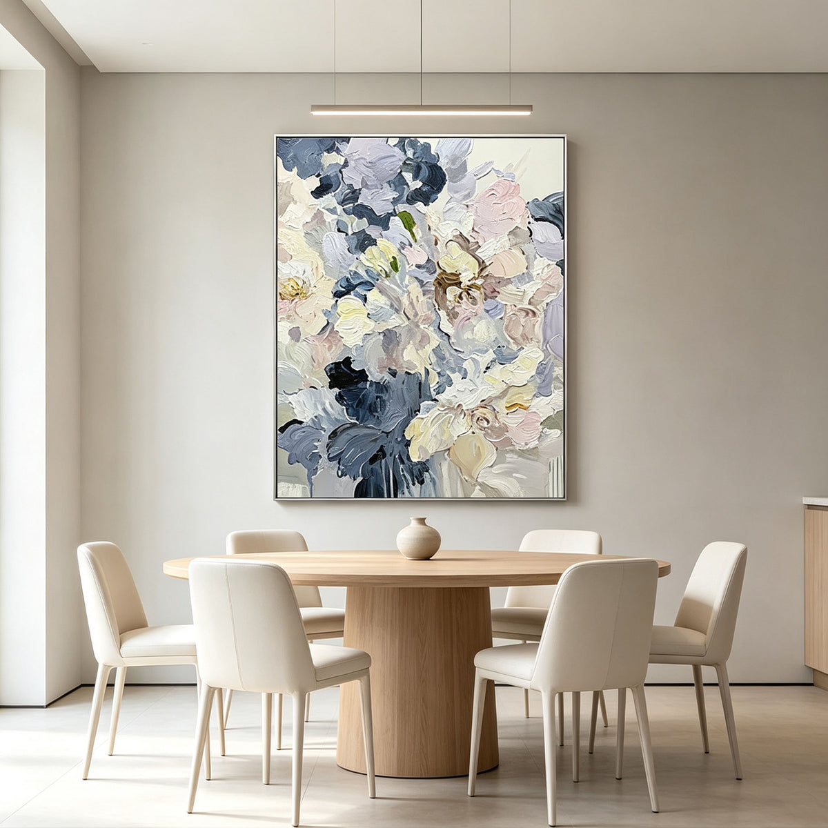 Muted Floral Wall Art, Dusty Blue Blush Pink Cream Flower Painting, Large Textured Impasto Canvas, Modern Farmhouse Bedroom Wall Decor