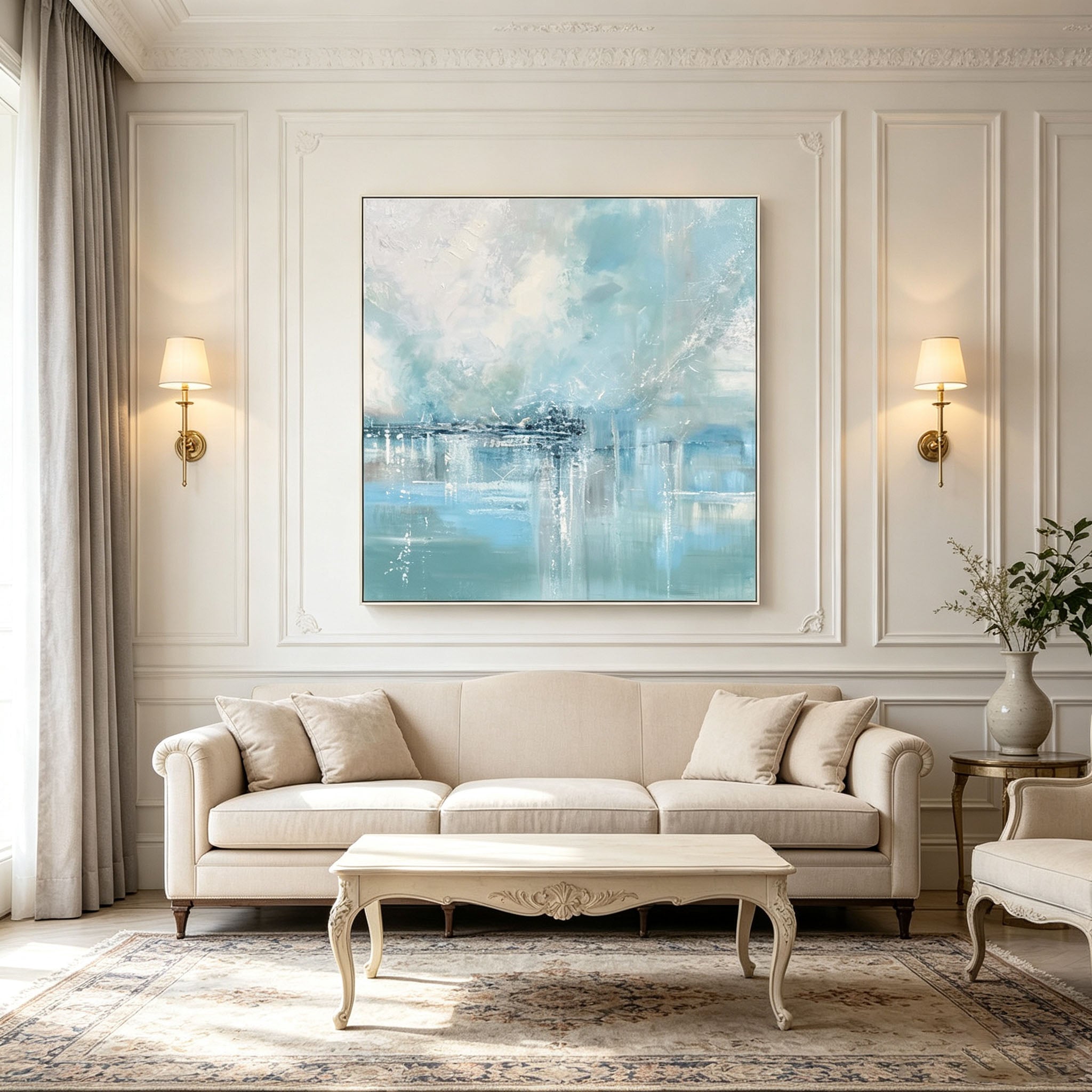 Light Blue Abstract City Seascape Oil Painting, Thick Impasto Textured Water Reflection Canvas Wall Art, Modern Entryway Living Room Decor