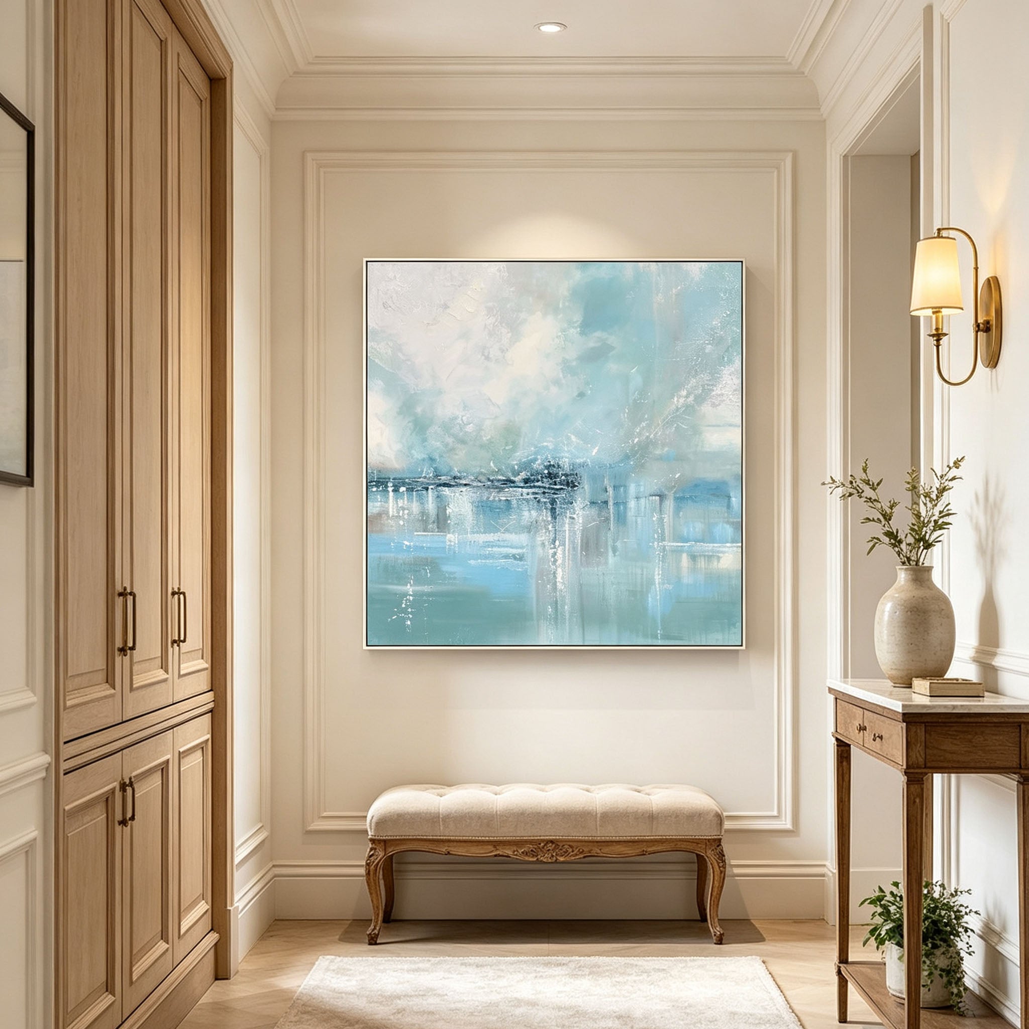 Light Blue Abstract City Seascape Oil Painting, Thick Impasto Textured Water Reflection Canvas Wall Art, Modern Entryway Living Room Decor