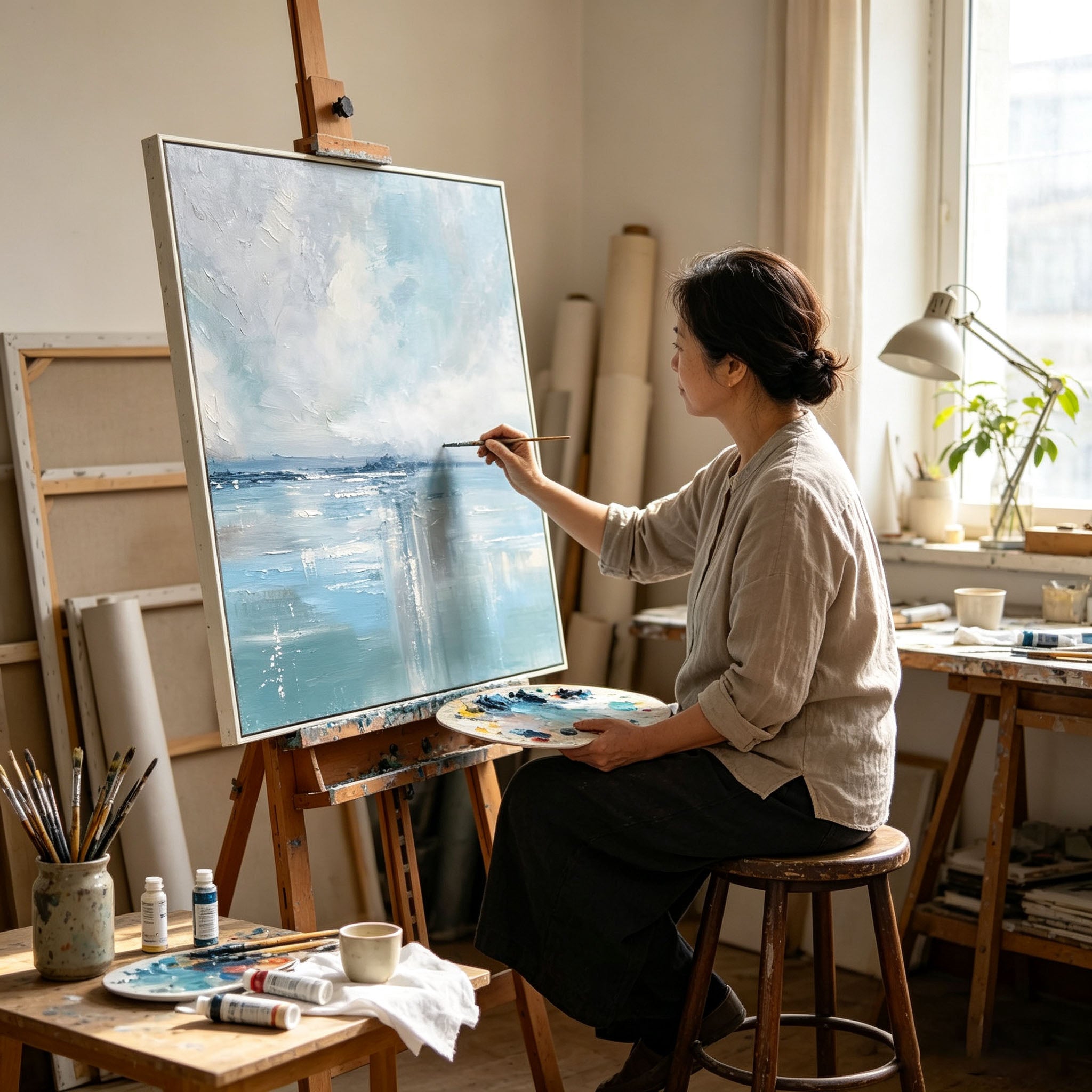 Light Blue Abstract City Seascape Oil Painting, Thick Impasto Textured Water Reflection Canvas Wall Art, Modern Entryway Living Room Decor