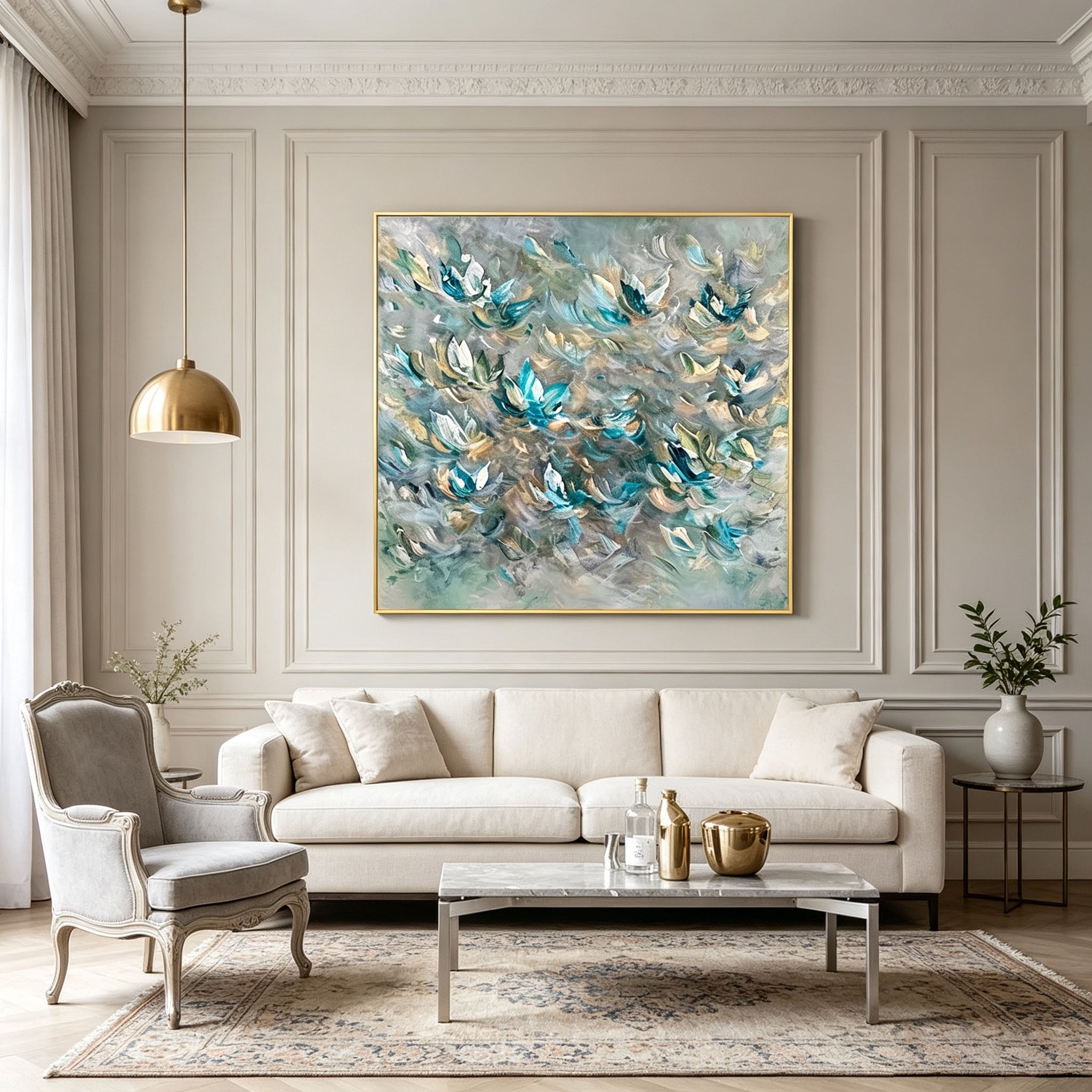 Teal White Abstract Lotus Floral Oil Painting, Thick Impasto Textured Flower Canvas Wall Art, Modern Entryway Living Room Decor