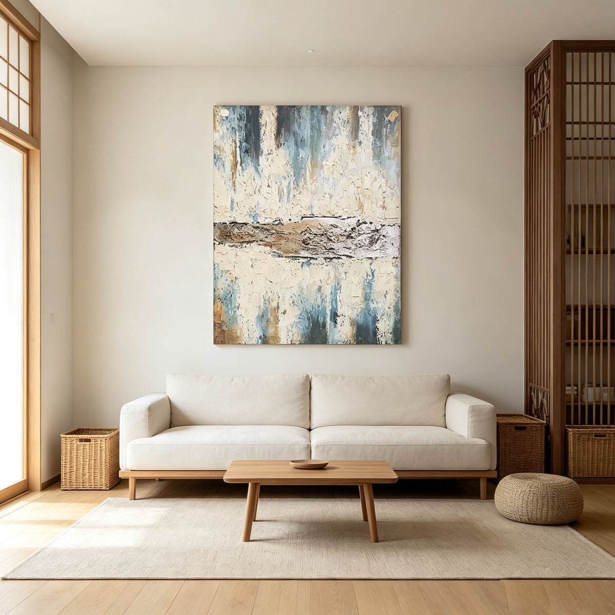 Abstract Seascape Wall Art, Muted Blue Cream Bronze Impasto Painting, Large Textured Horizon Canvas Art, Japandi Wabi-Sabi Living Room Decor